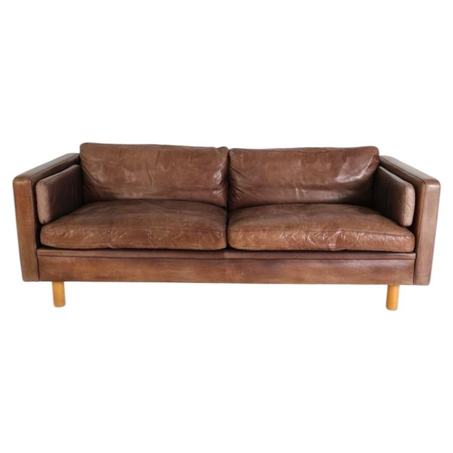 Vintage Danish Modern Brown leather sofa with Patina by Erik Jørgensen