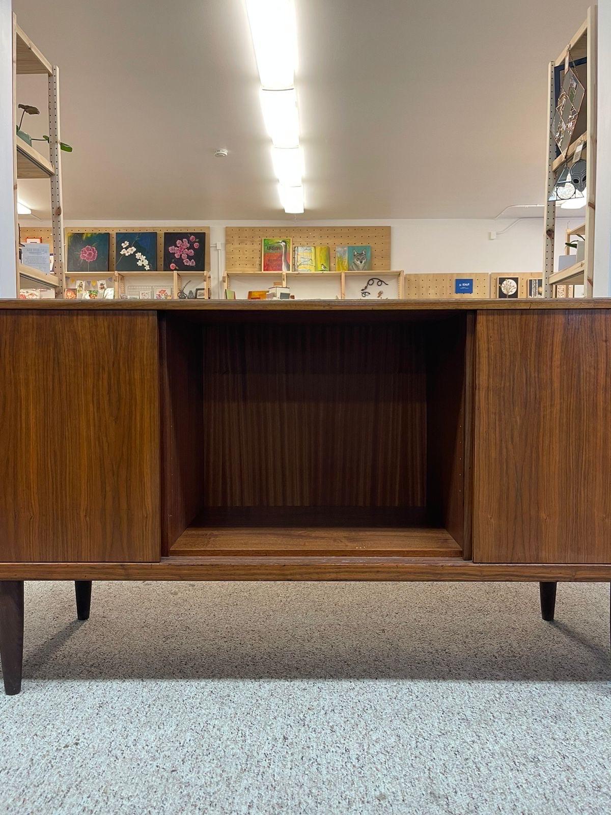 Late 20th Century Vintage Danish Modern Credenza With Wood Handles. For Sale