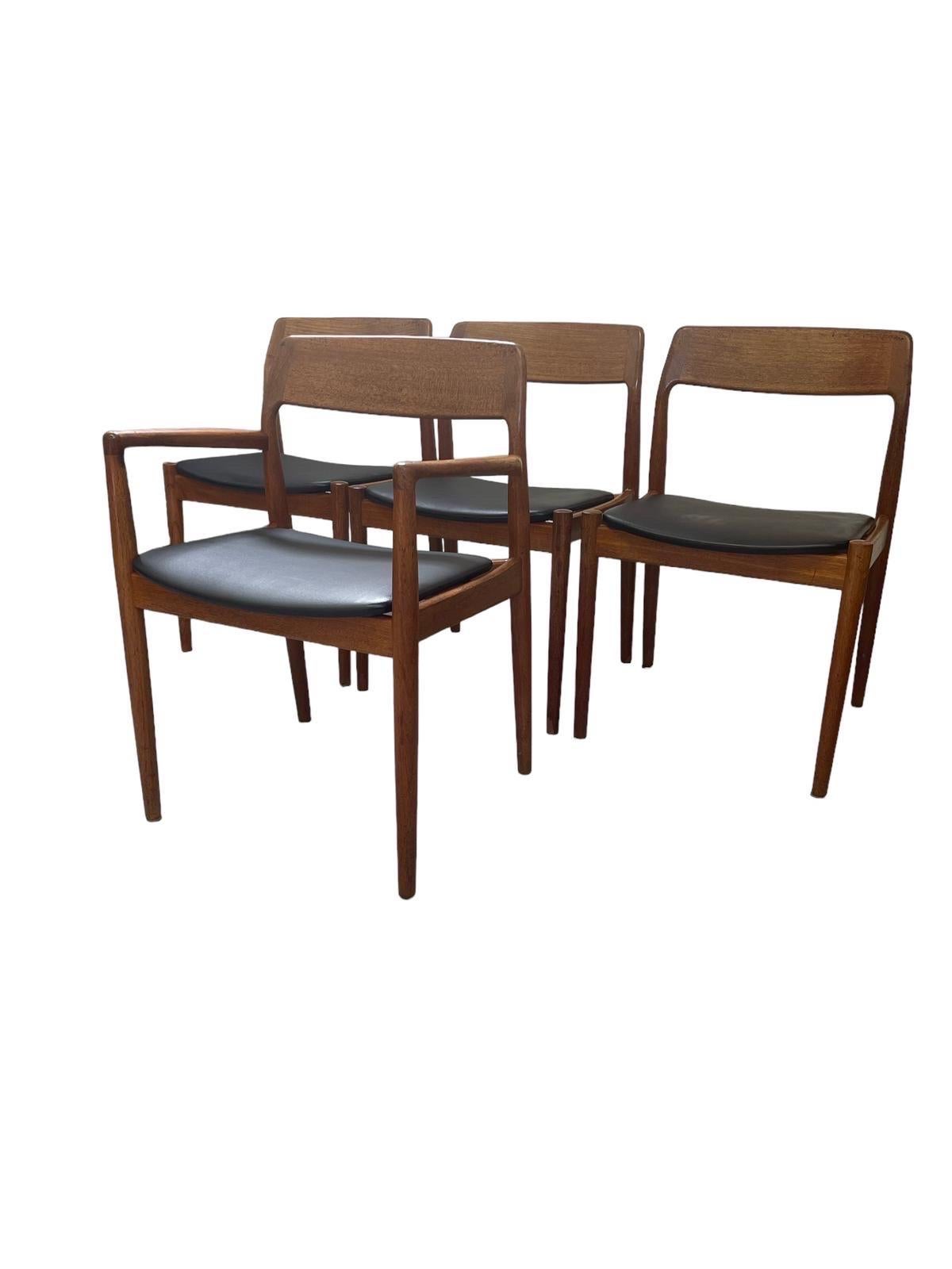 This Set Contains 1 Captain Chair and 3 Side Chairs,Possibly Teak. Chairs have been Professionally Reupholstered. Vintage Condition Consistent with Age as Pictured.

Dimensions. 23!W ; 20 D ; 30 H

Seat Height. 17