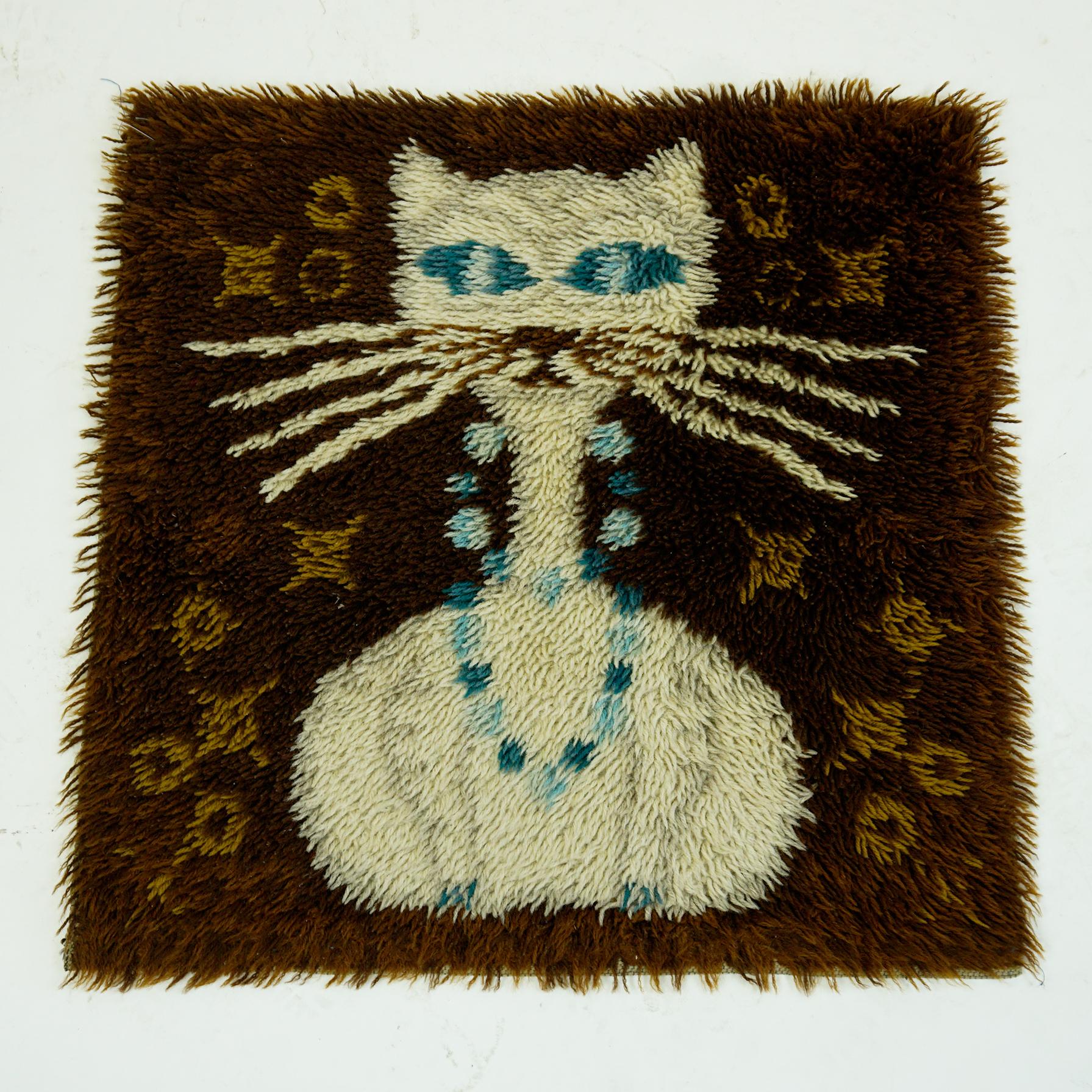 Vintage Danish Modern High Pile Brown and Blue Wool Rug with White Cat 5
