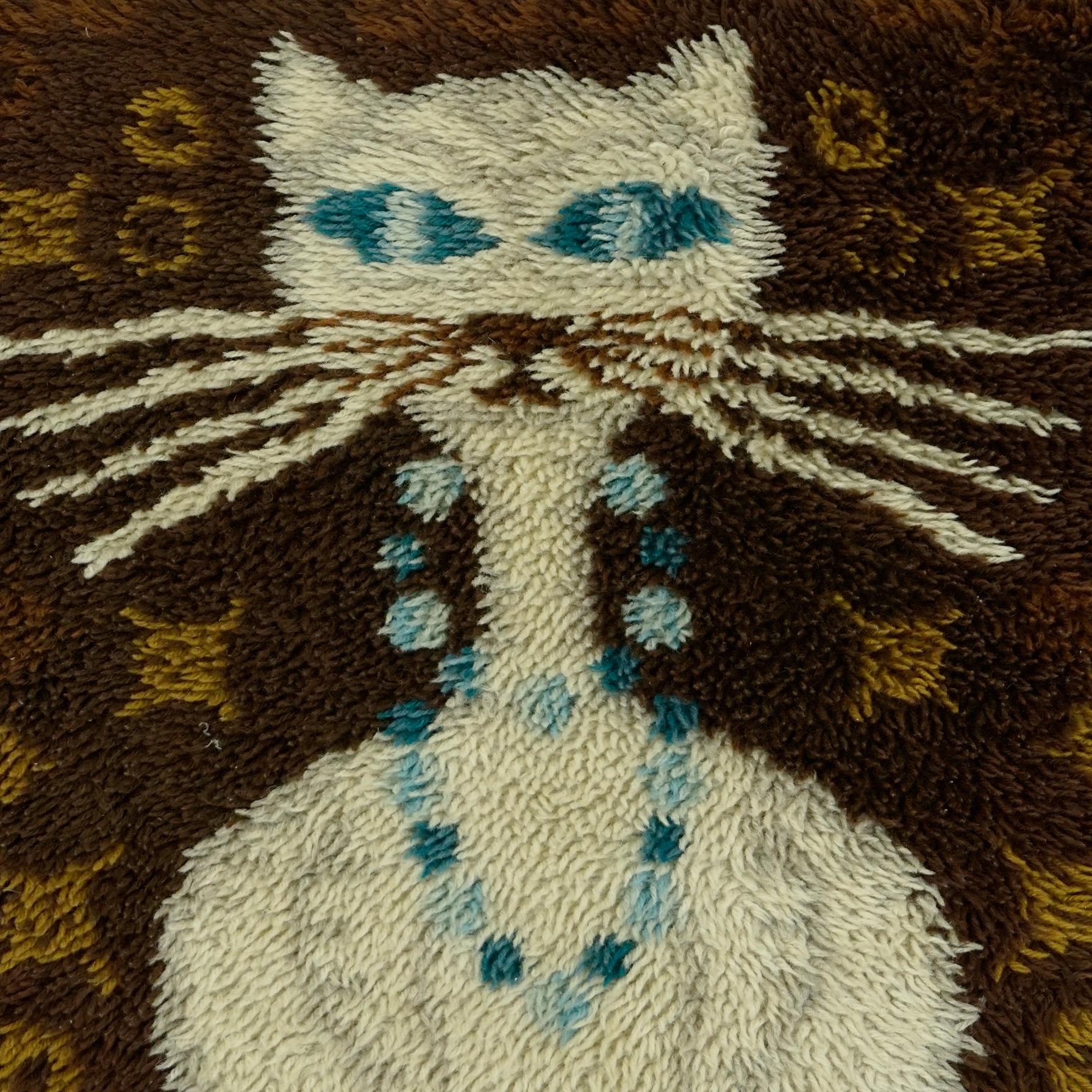 Mid-Century Modern Vintage Danish Modern High Pile Brown and Blue Wool Rug with White Cat