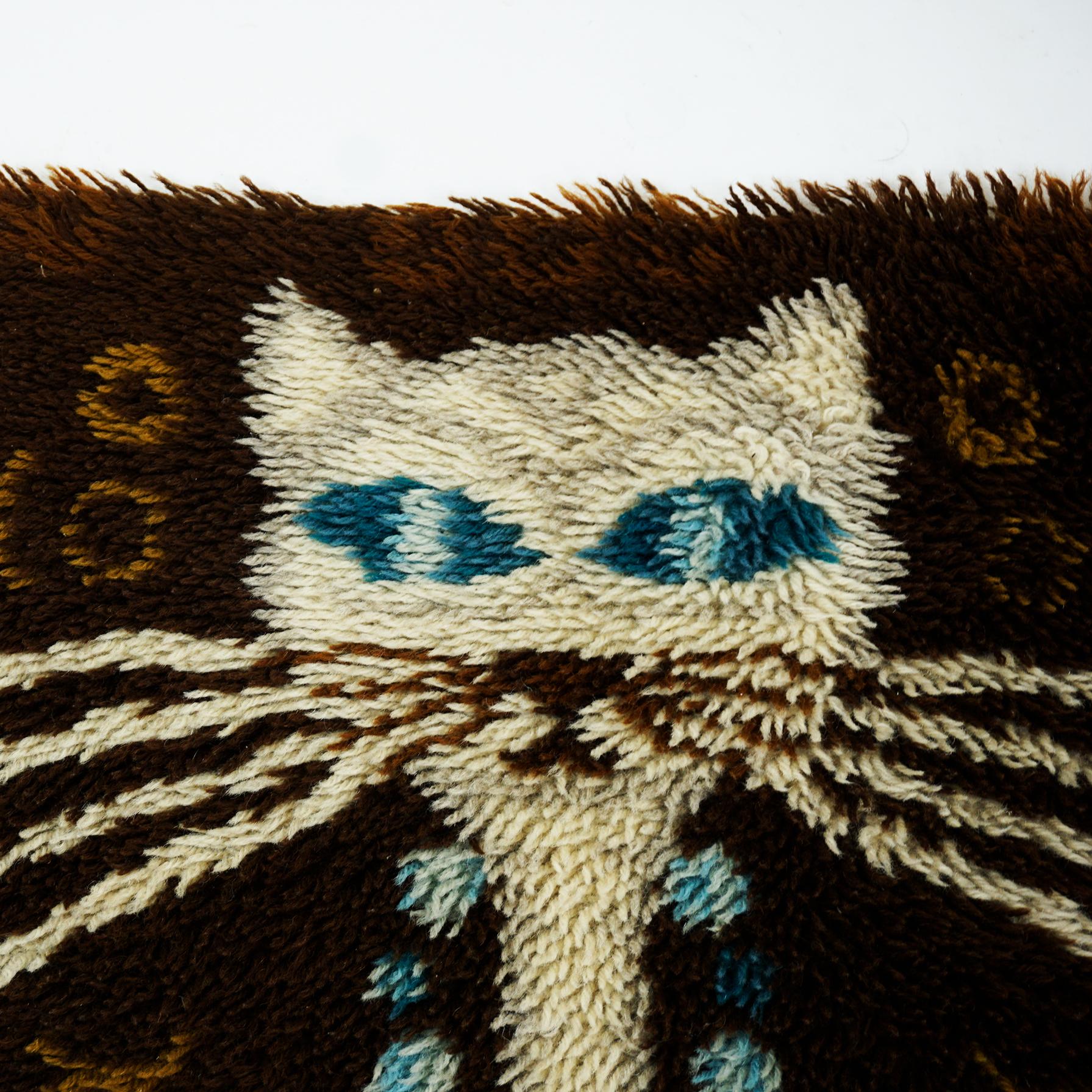 Mid-20th Century Vintage Danish Modern High Pile Brown and Blue Wool Rug with White Cat