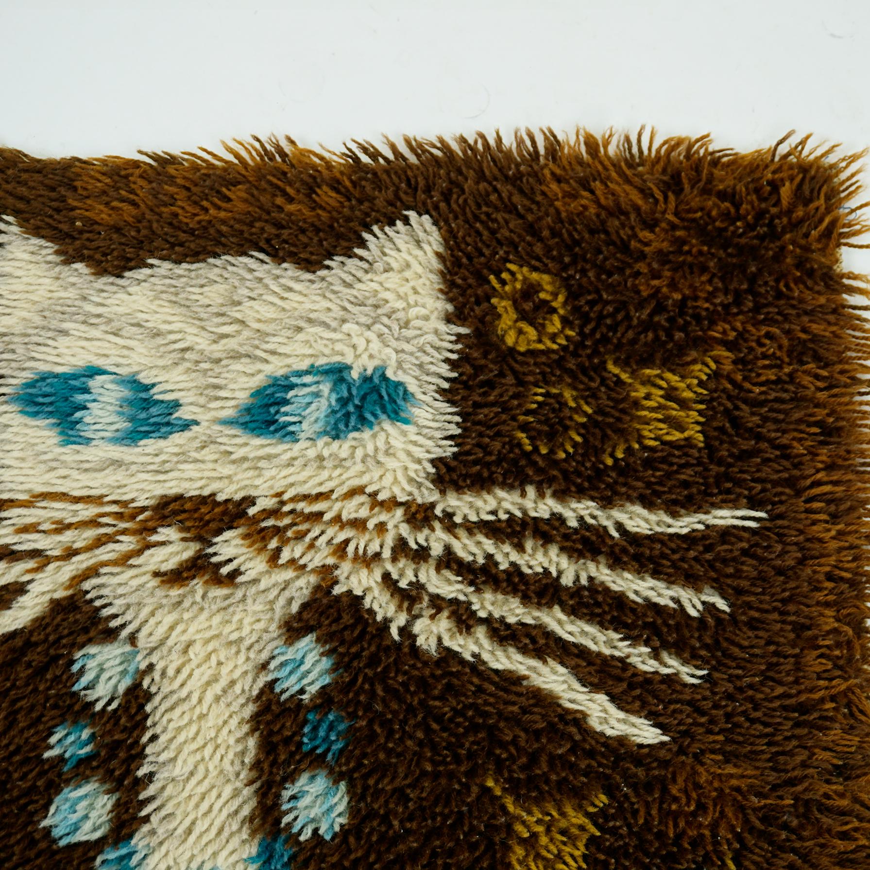 Vintage Danish Modern High Pile Brown and Blue Wool Rug with White Cat 1