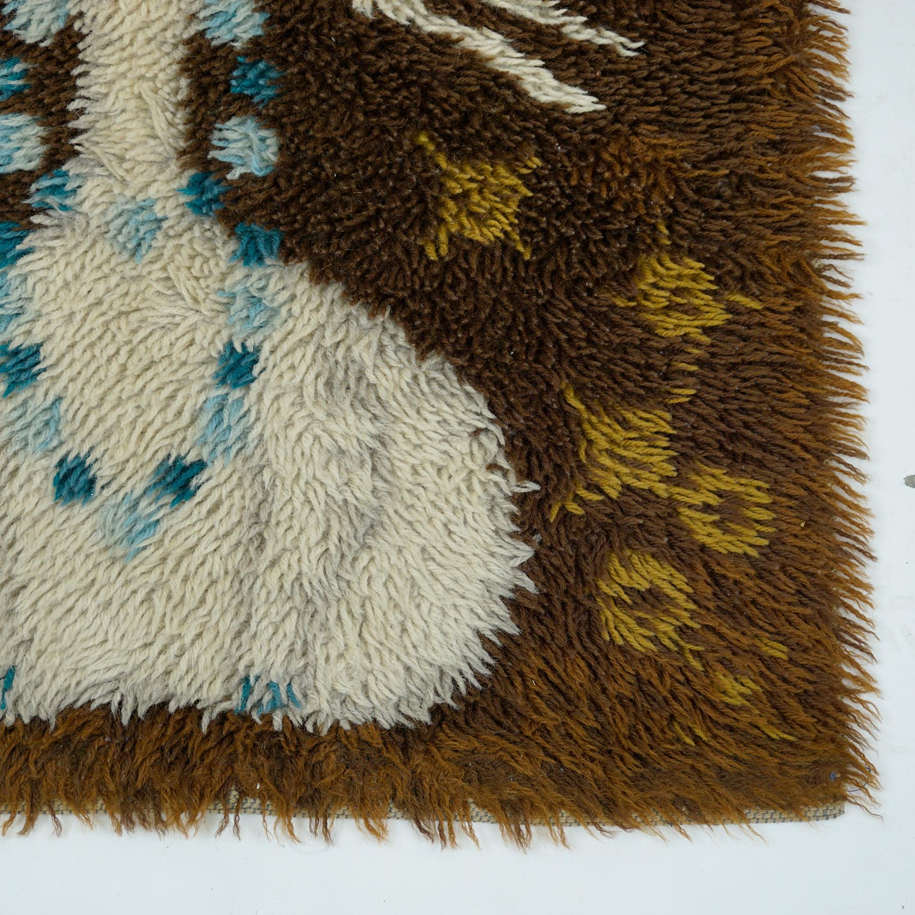 Vintage Danish Modern High Pile Brown and Blue Wool Rug with White Cat 2