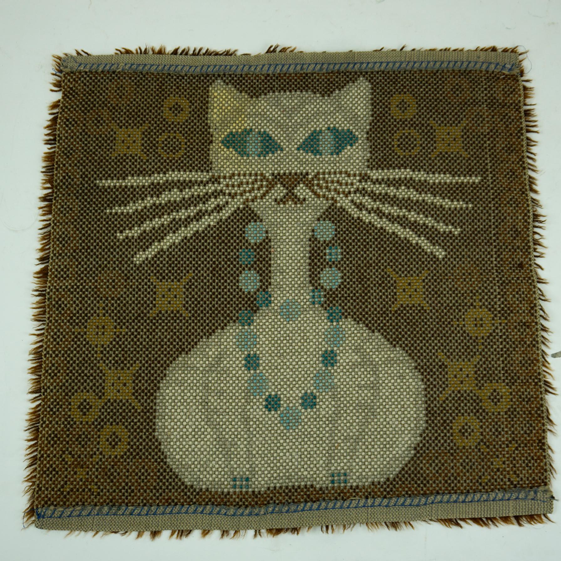 Vintage Danish Modern High Pile Brown and Blue Wool Rug with White Cat 3