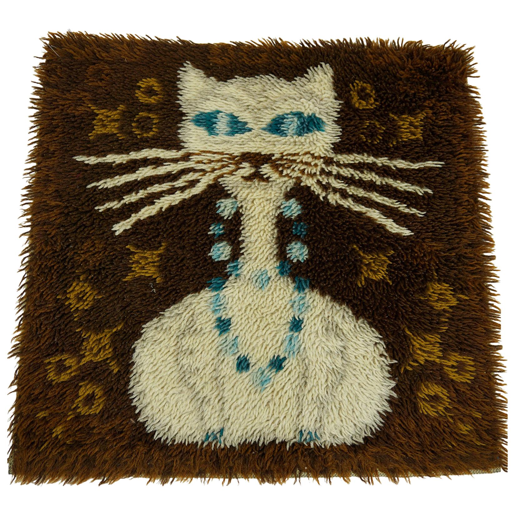 Vintage Danish Modern High Pile Brown and Blue Wool Rug with White Cat