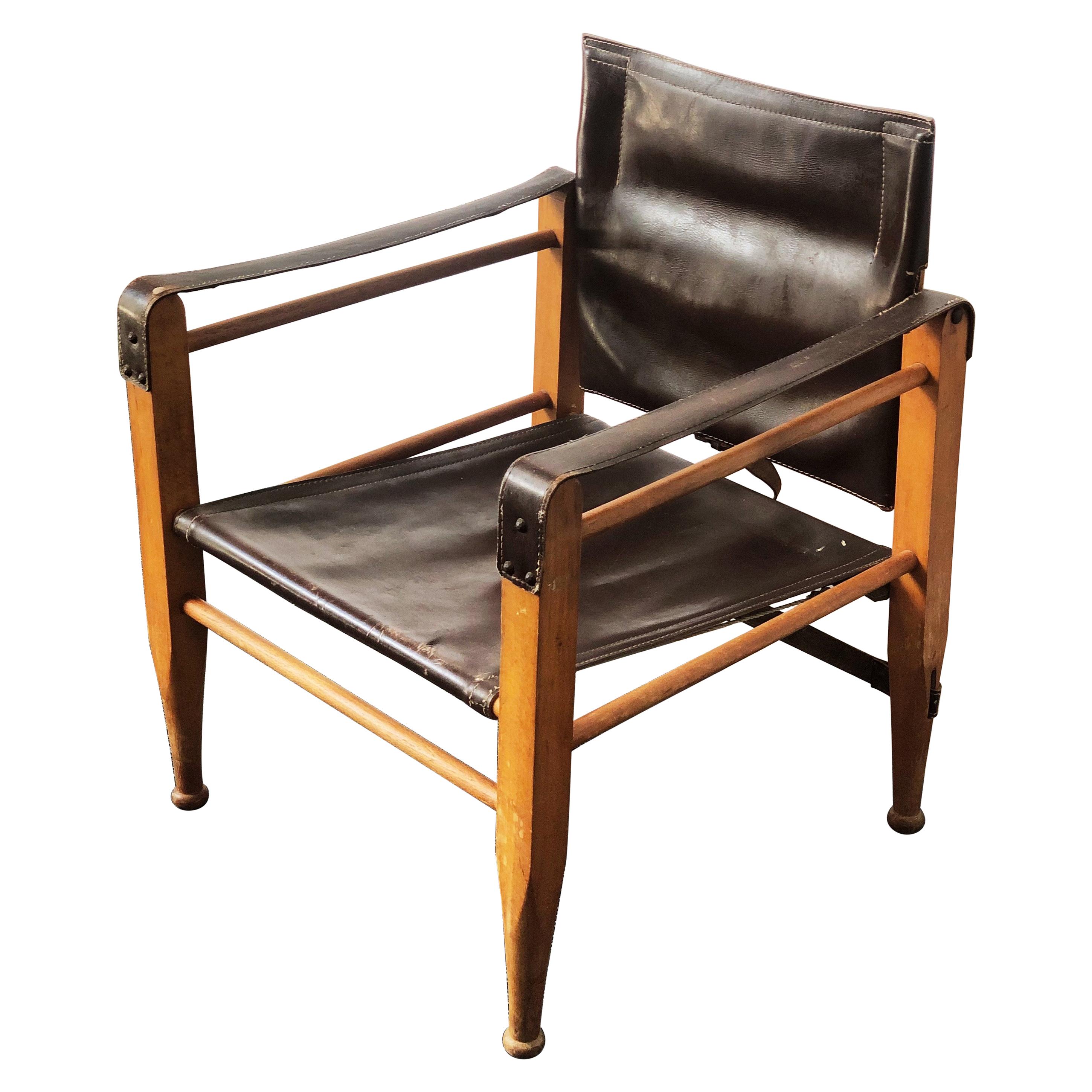 Vintage Danish Modern Leather and Beechwood Safari Chair, circa 1960s
