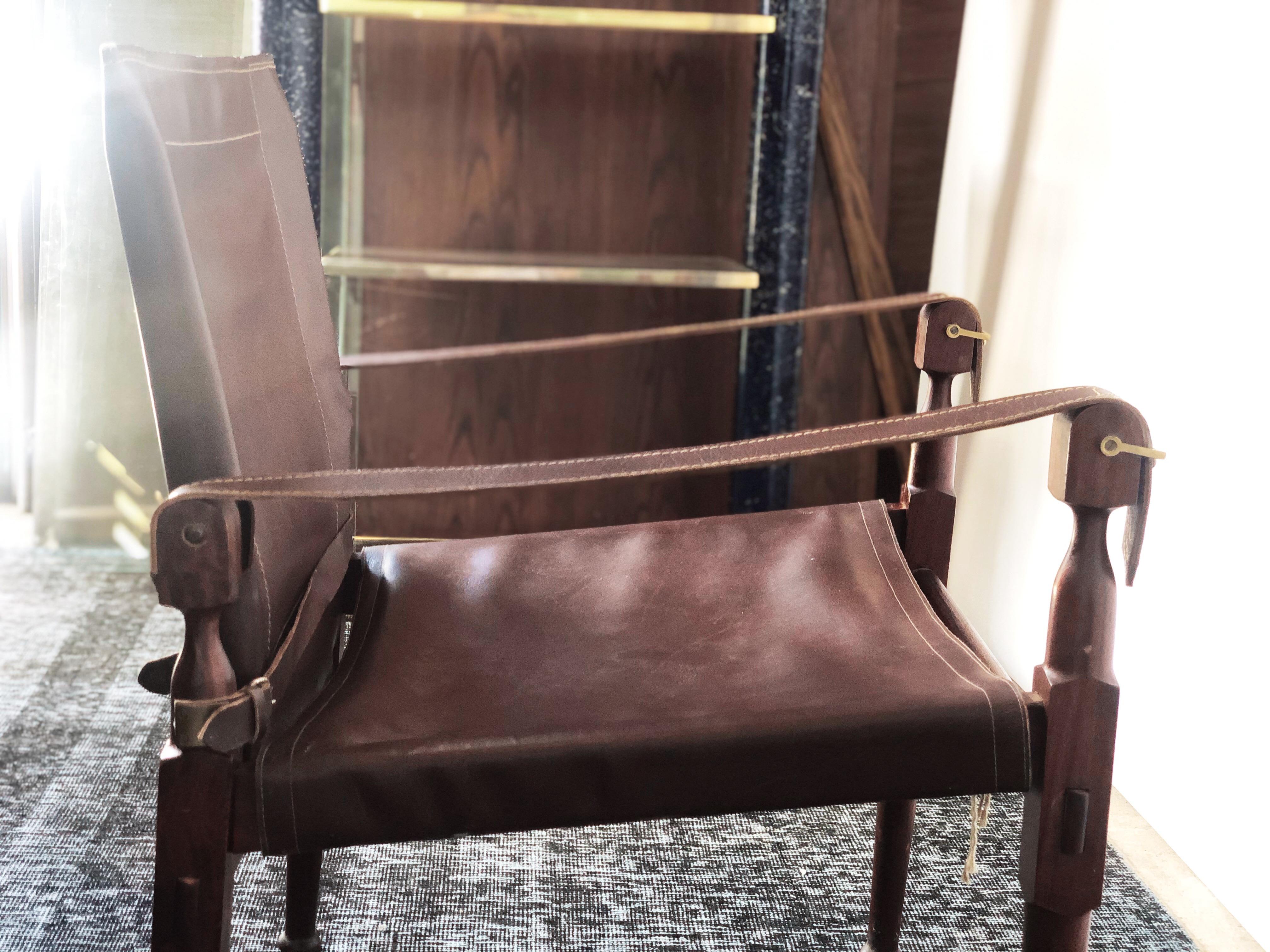 Vintage Danish Modern Leather and Mahogany Safari Chair, circa 1960s 1