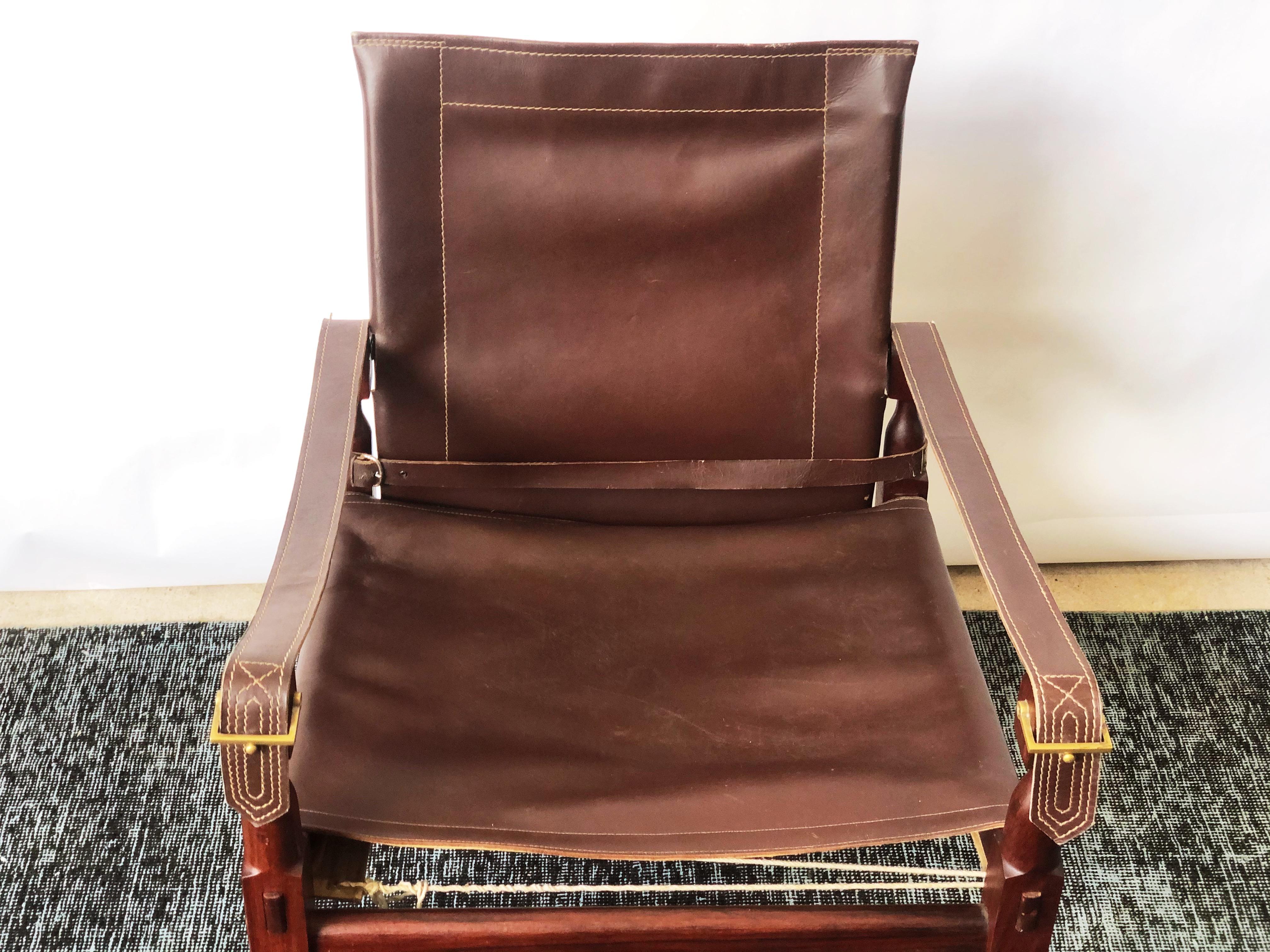 Mid-Century Modern Vintage Danish Modern Leather and Mahogany Safari Chair, circa 1960s