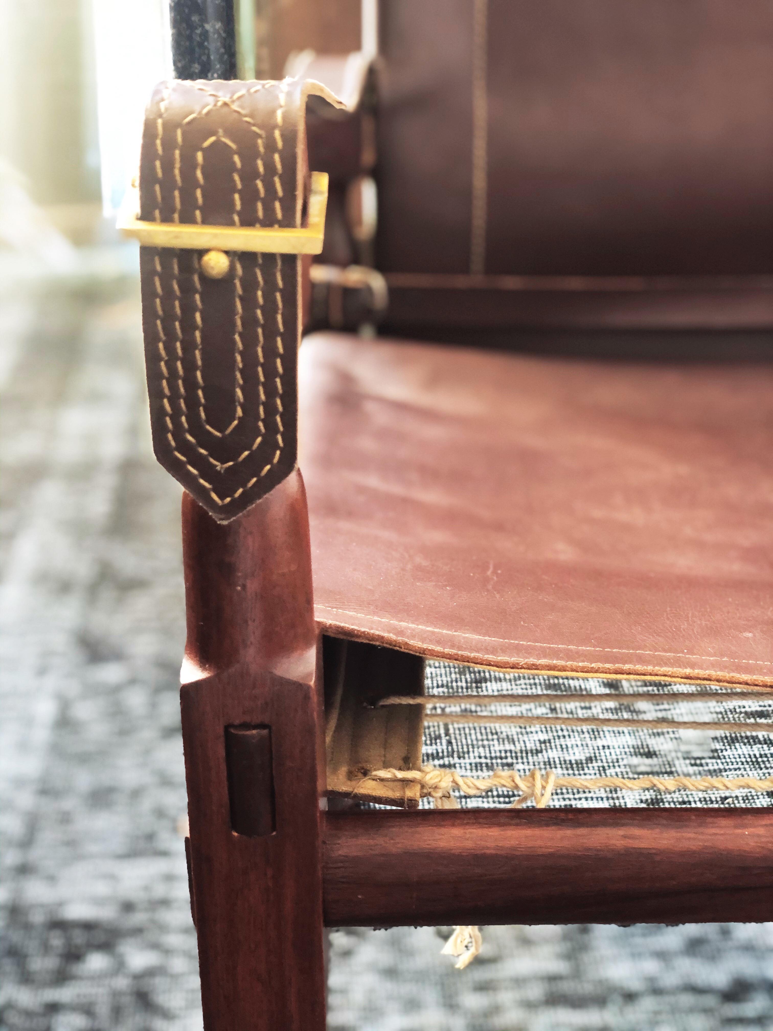 Brass Vintage Danish Modern Leather and Mahogany Safari Chair, circa 1960s