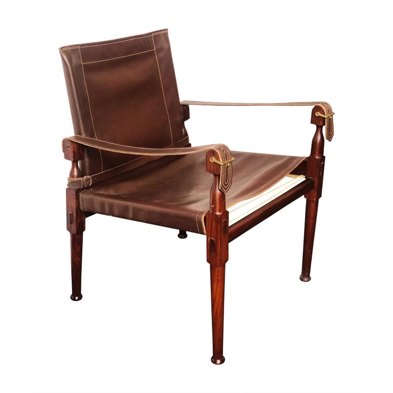 Vintage Danish Modern Leather And Mahogany Safari Chair Circa 1960s For Sale At 1stdibs