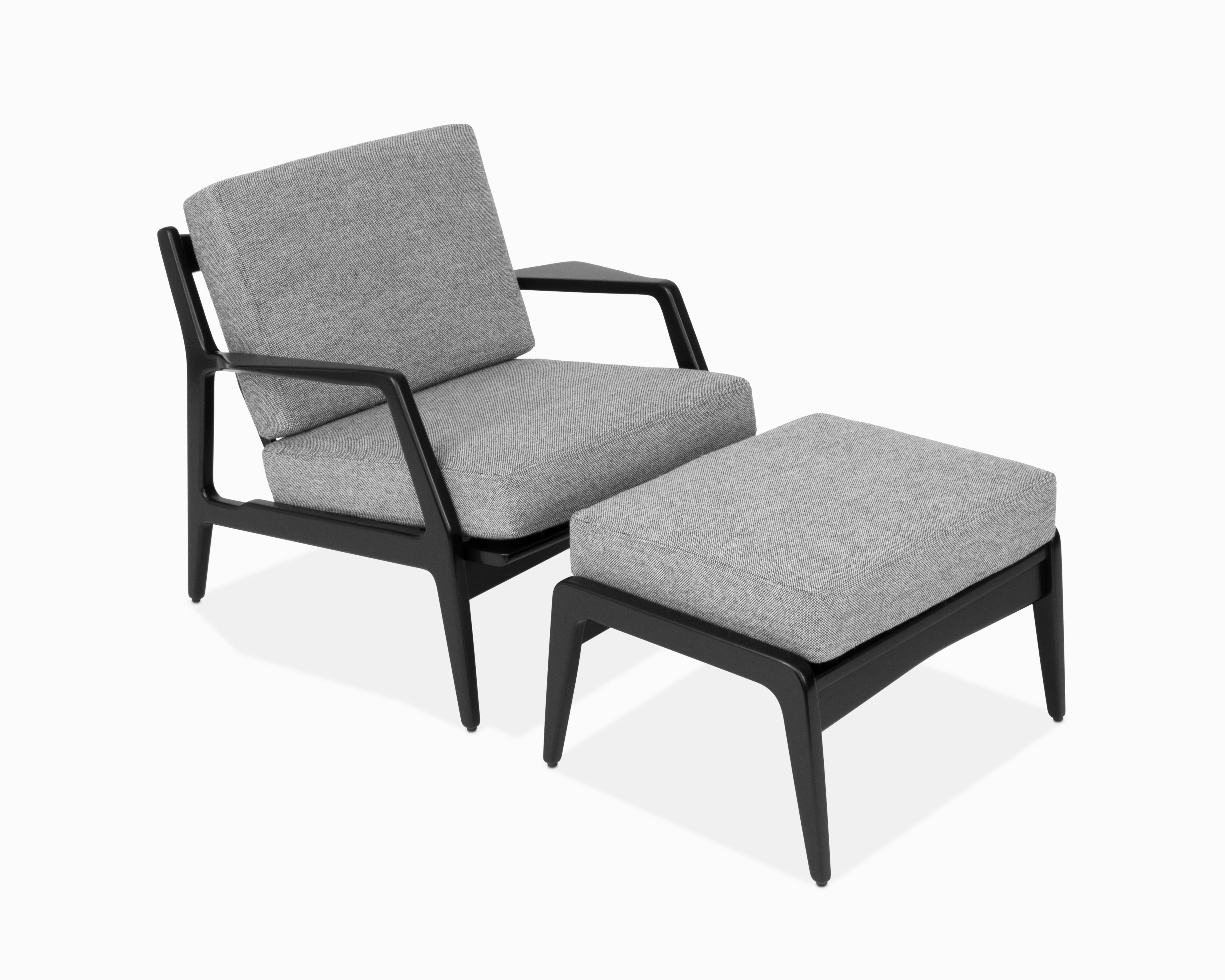 Here is a beautiful mid century lounge chair and ottoman by Lawrence Peabody for Selig. This item has been completely restored with refinished black lacquer frame, new wool upholstery and rubber webbing. The angular design is quite eye catching as