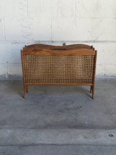 Vintage Danish Modern Oak & Cane Magazine Rack Newspaper Holder
