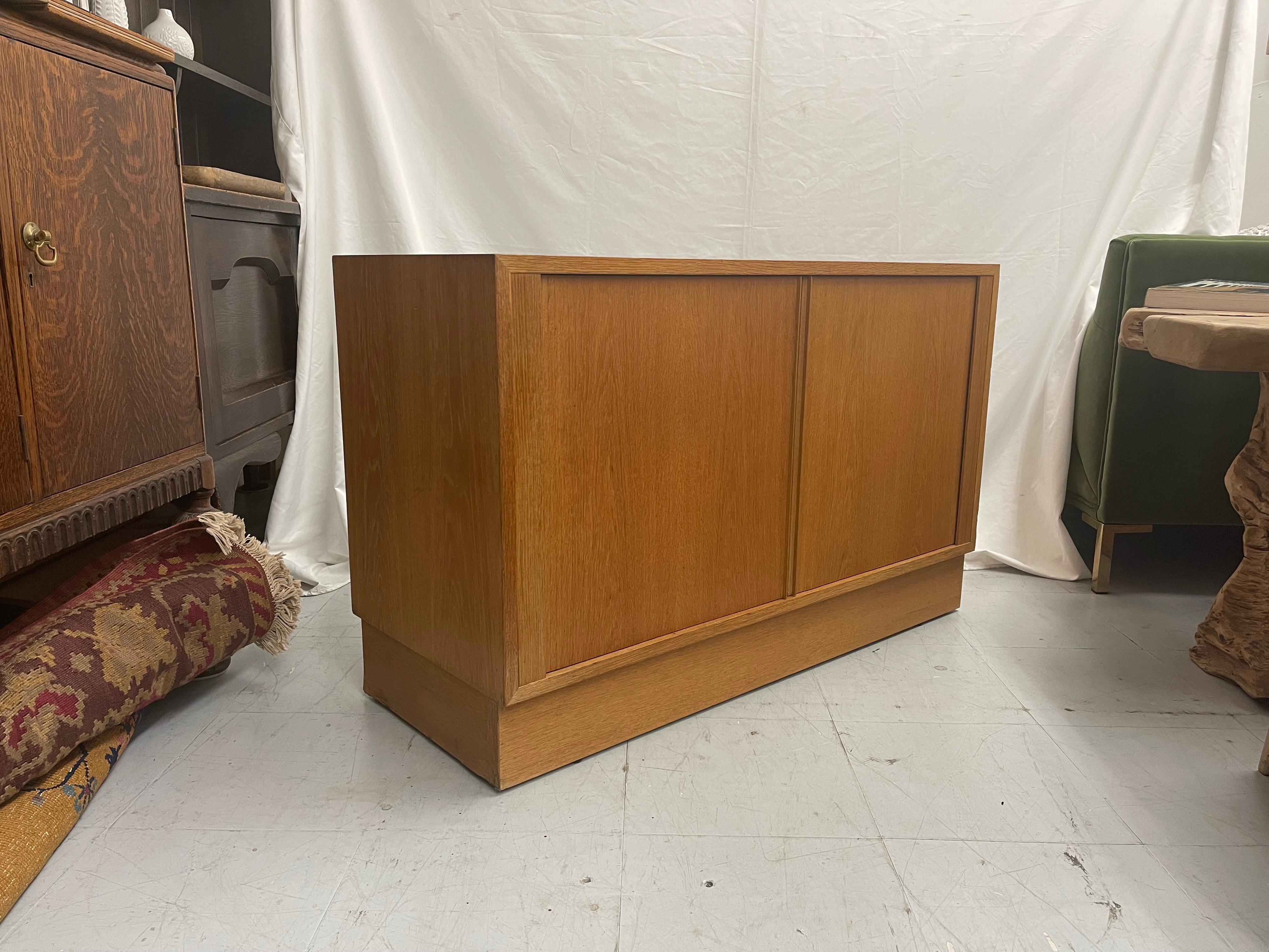 Vintage Danish Modern Oak Credenza or Record Cabinet with Tambour Doors For Sale 1