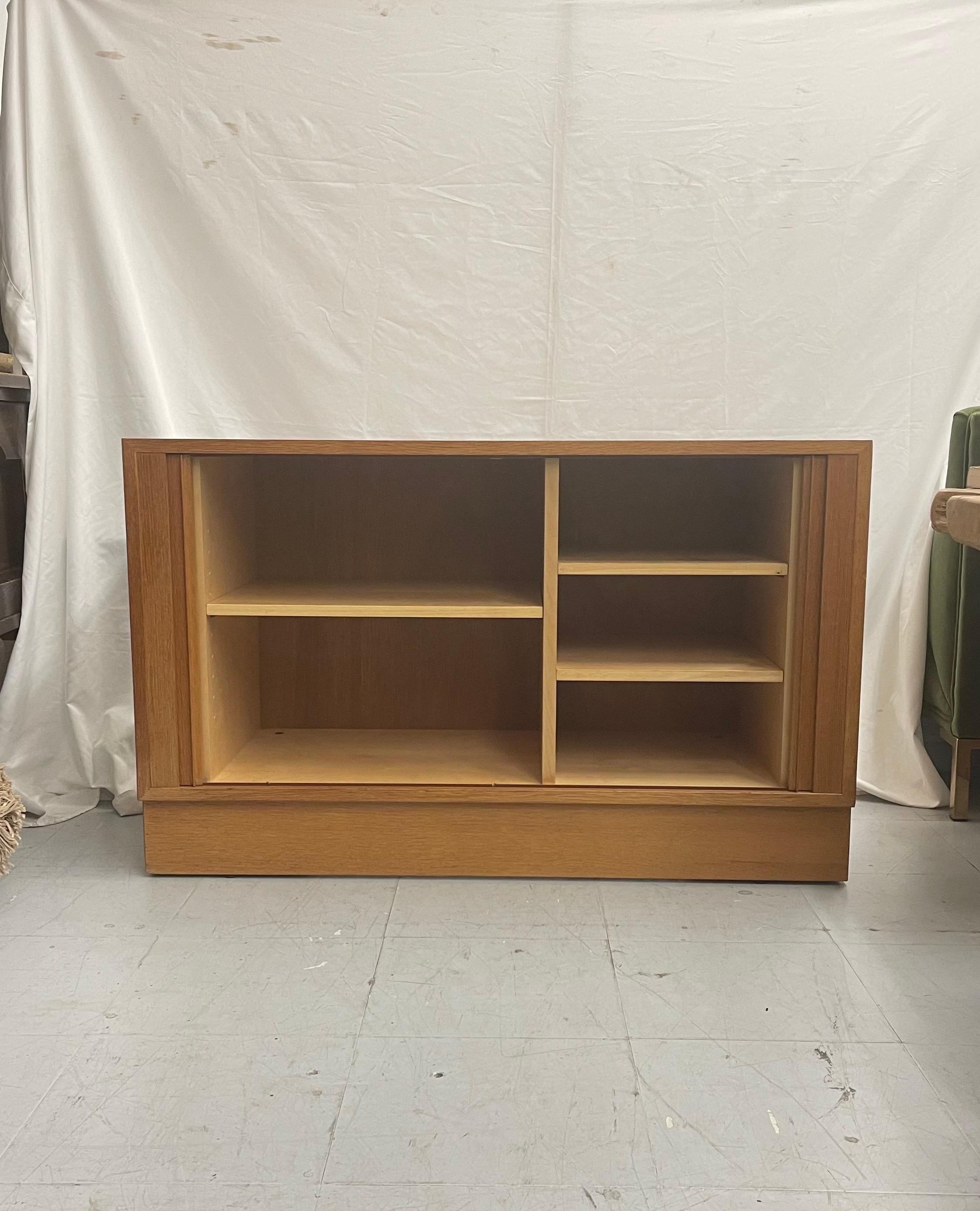 Vintage Danish Modern Oak Credenza or Record Cabinet with Tambour Doors For Sale 2