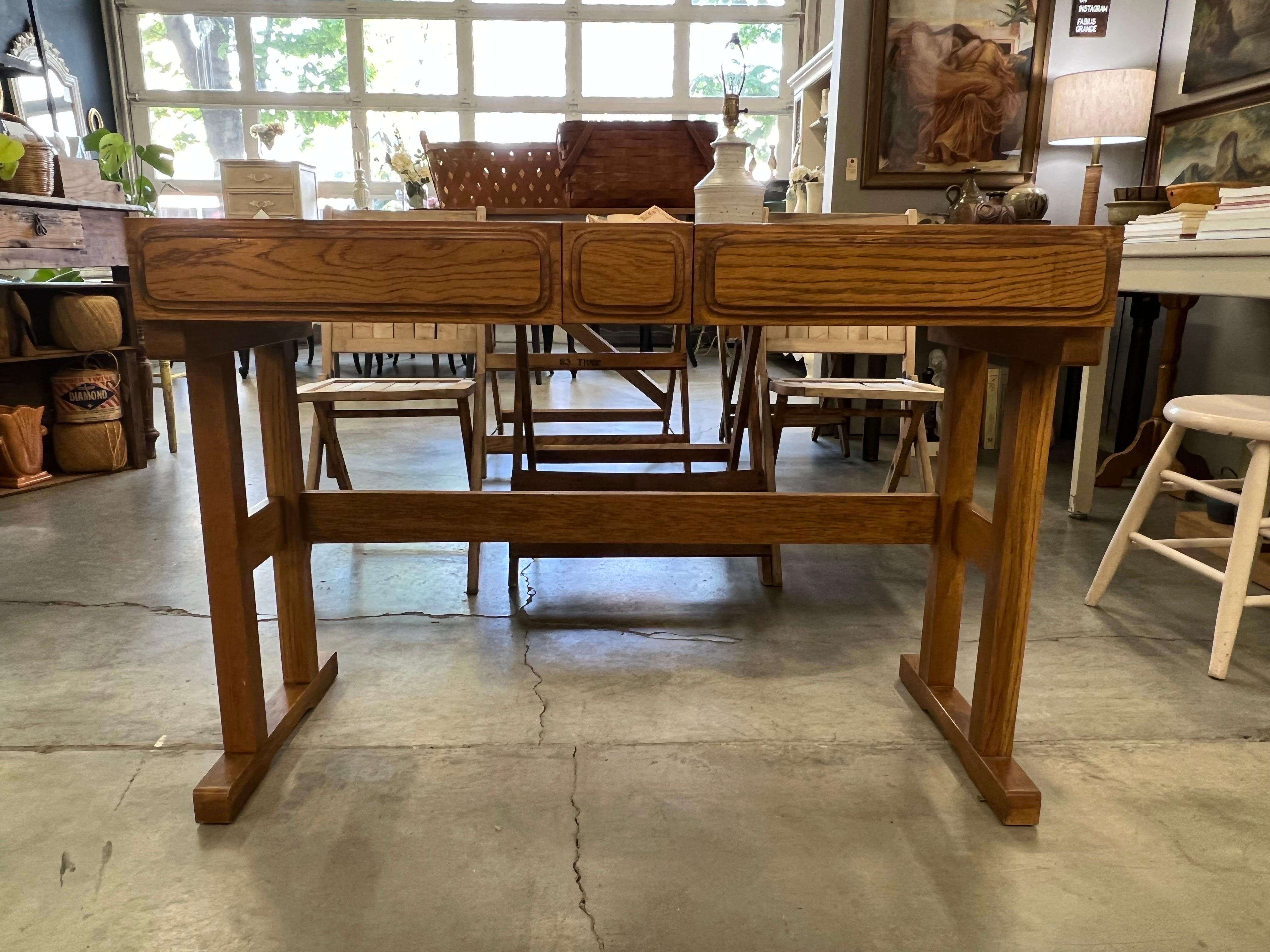 Vintage Danish Modern oak desk or console entryway table dovetail drawer details circa 1950s.