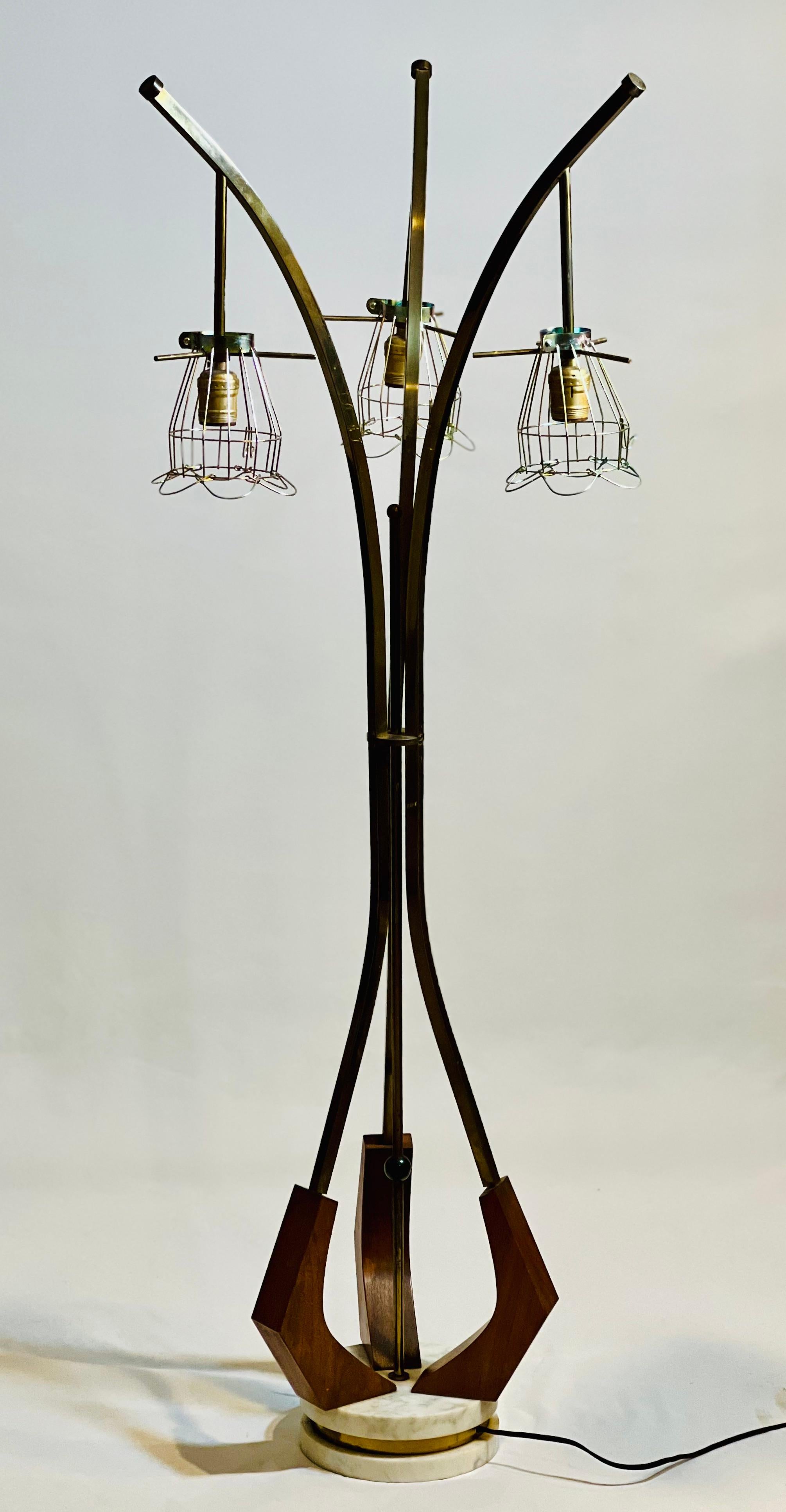 Scandinavian Modern Vintage Danish Modern Organic Form Three-Light Teak and Brass Floor Lamp For Sale