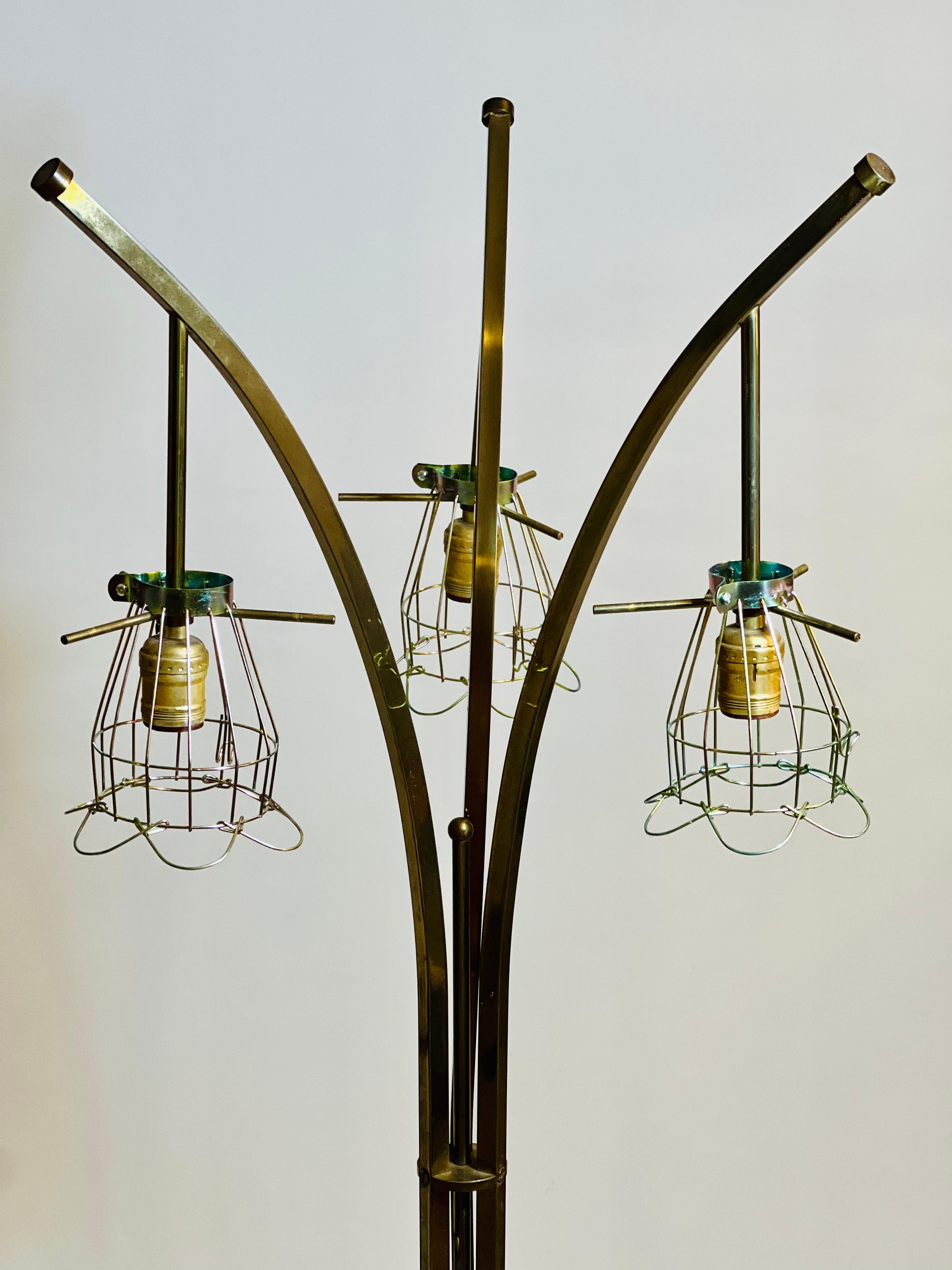 Vintage Danish Modern Organic Form Three-Light Teak and Brass Floor Lamp In Good Condition For Sale In Doylestown, PA
