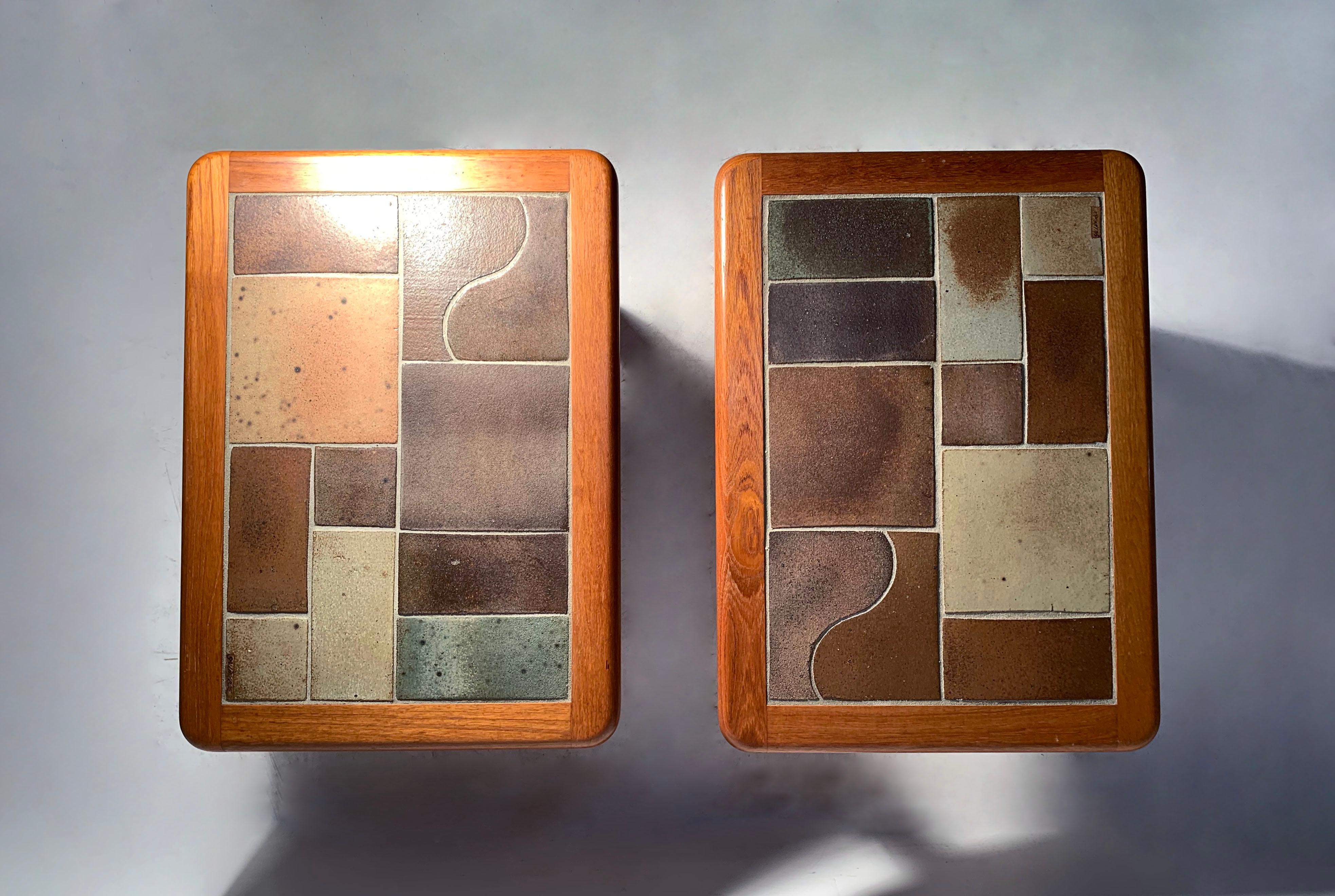 Vintage Danish Modern Pair of Ceramic End Side Tables by Sallingboe

A wonderful example of this artist's work. Beautiful composition and color palette.  Heavy pair of tables. Will be shipped with the legs removed. They reattach easily.  

Manner of