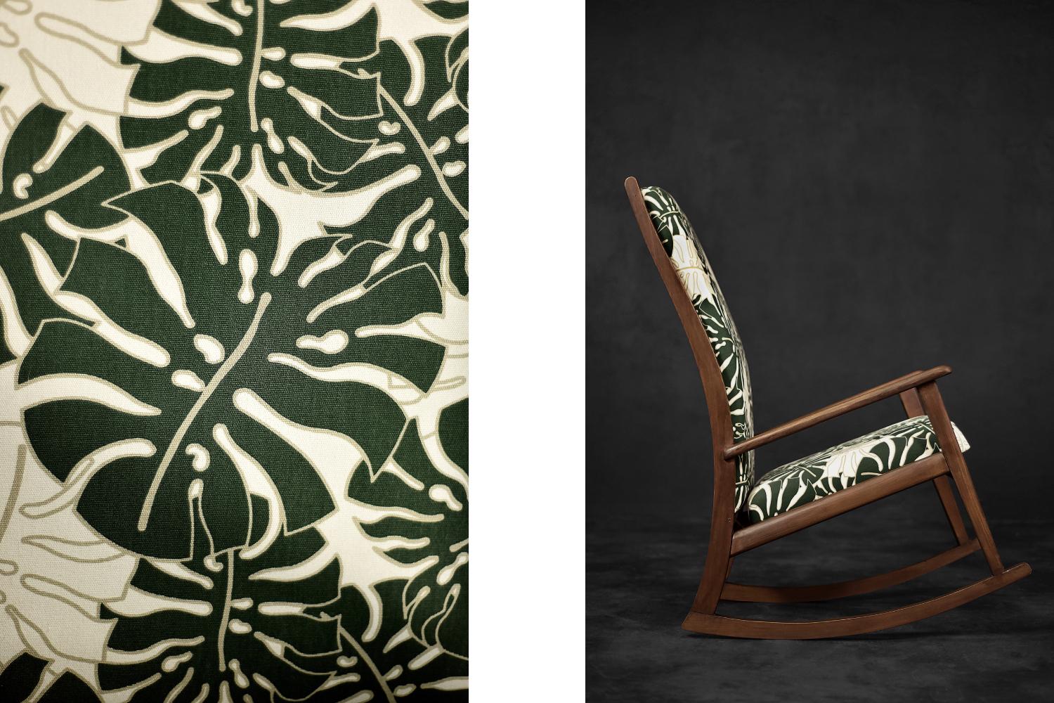 Scandinavian Modern Vintage Danish Modern Rocking Chair in Wood and Monstera Leaf Pattern Fabric For Sale