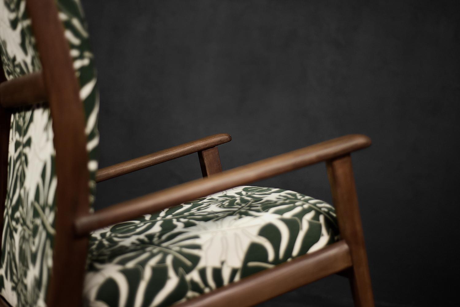 Mid-20th Century Vintage Danish Modern Rocking Chair in Wood and Monstera Leaf Pattern Fabric For Sale