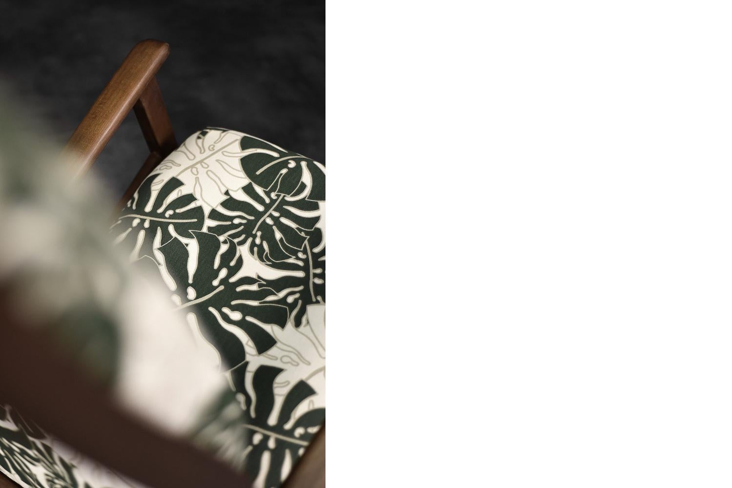 Vintage Danish Modern Rocking Chair in Wood and Monstera Leaf Pattern Fabric For Sale 1