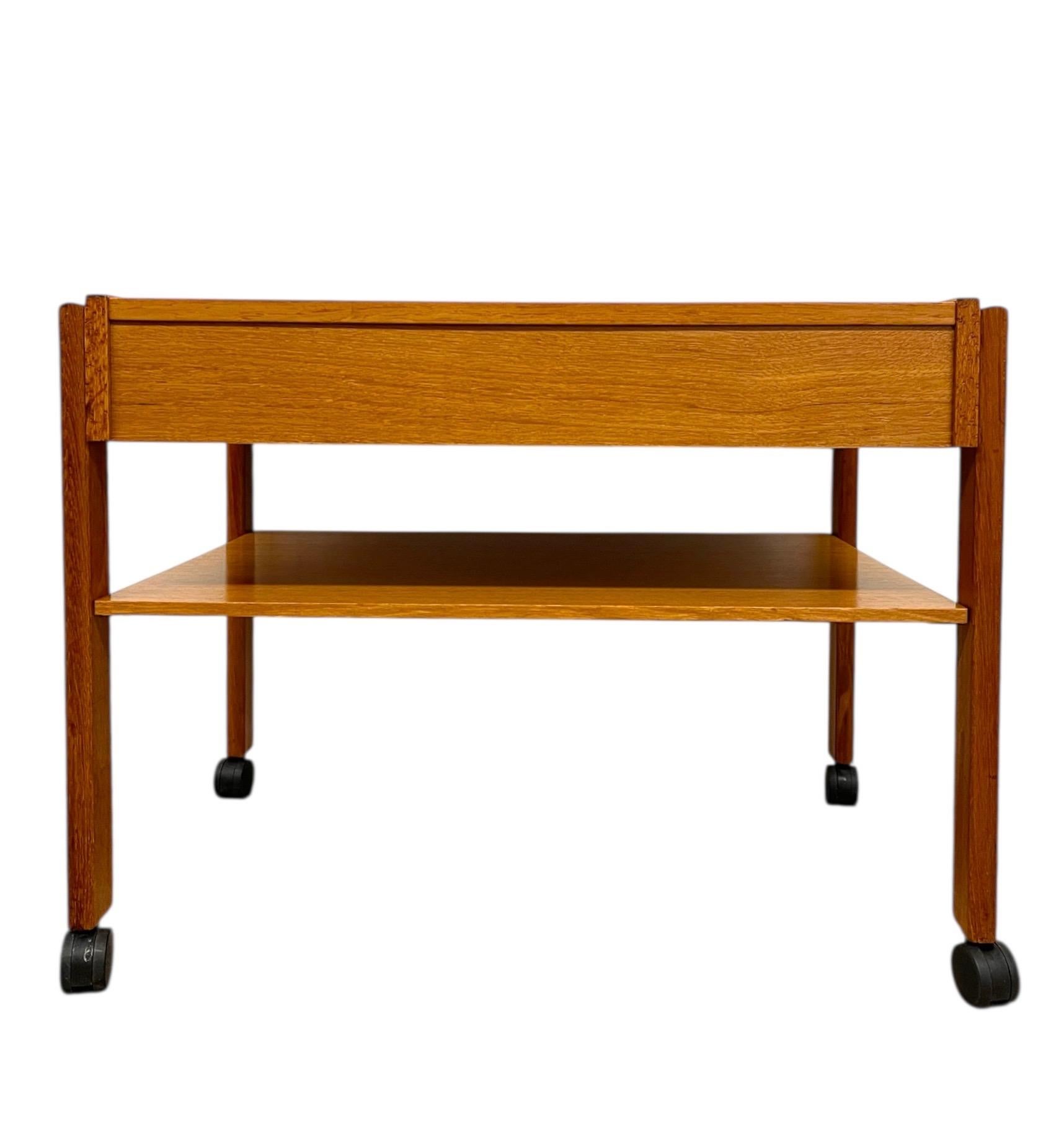 Mid-Century Modern Vintage Danish Modern Rolling Side Table with Drawer and Lower Shelf For Sale