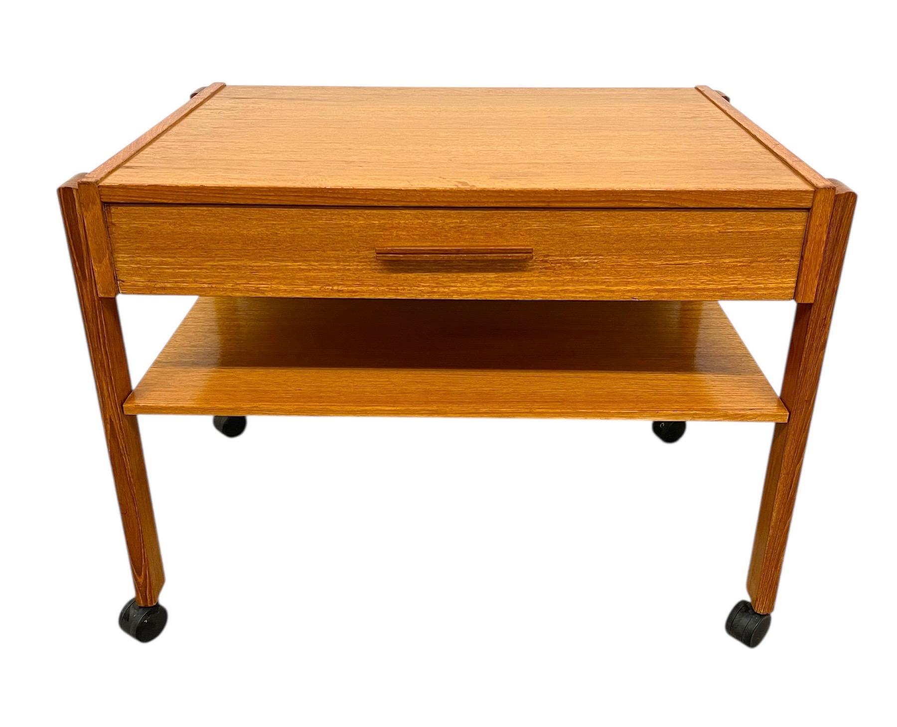 Wood Vintage Danish Modern Rolling Side Table with Drawer and Lower Shelf For Sale