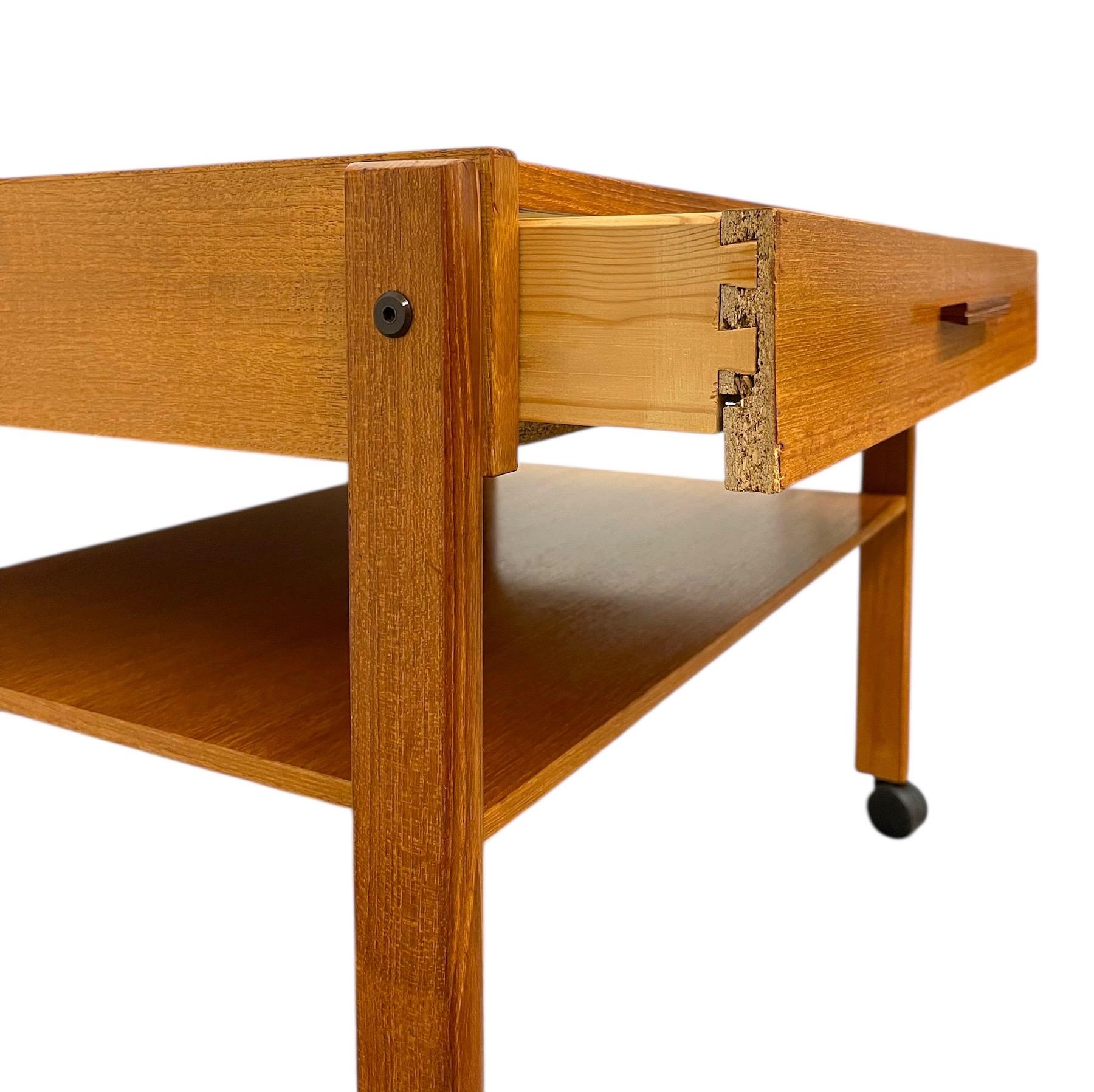 Vintage Danish Modern Rolling Side Table with Drawer and Lower Shelf For Sale 1