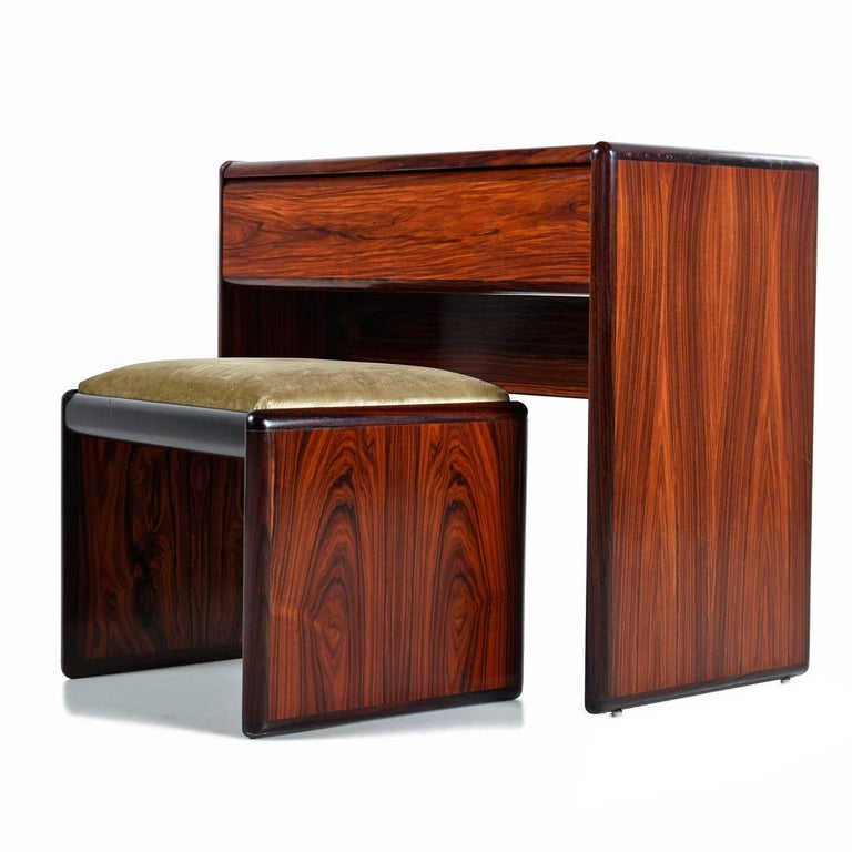 Vintage Danish Modern Rosewood Flip Top Storage Vanity Desk And Storage Vanity Desk And Stool Set For Rich Dark Red Rosewood Inside Out Finished On All Sides The Fiery