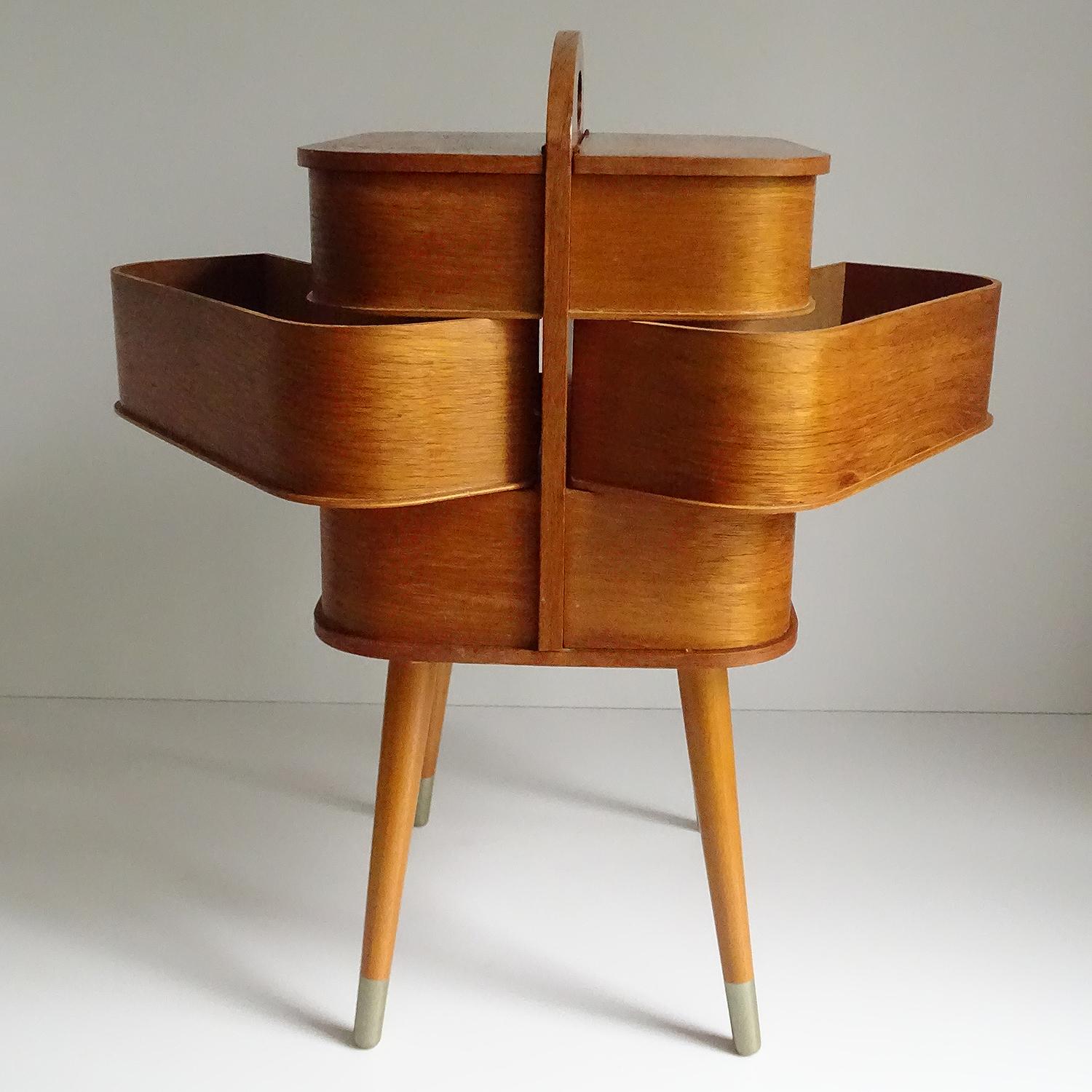 Vintage Danish Modern Sewing Box Storage Drawers Case, Teak Plywood, 1960s 5