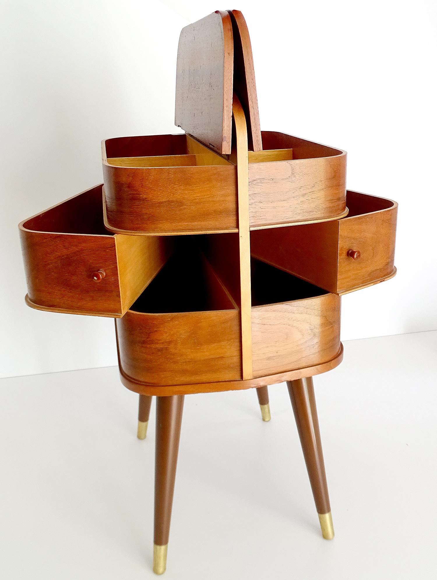 Vintage Danish Modern Sewing Box Storage Drawers Case, Teak Plywood, 1960s 3