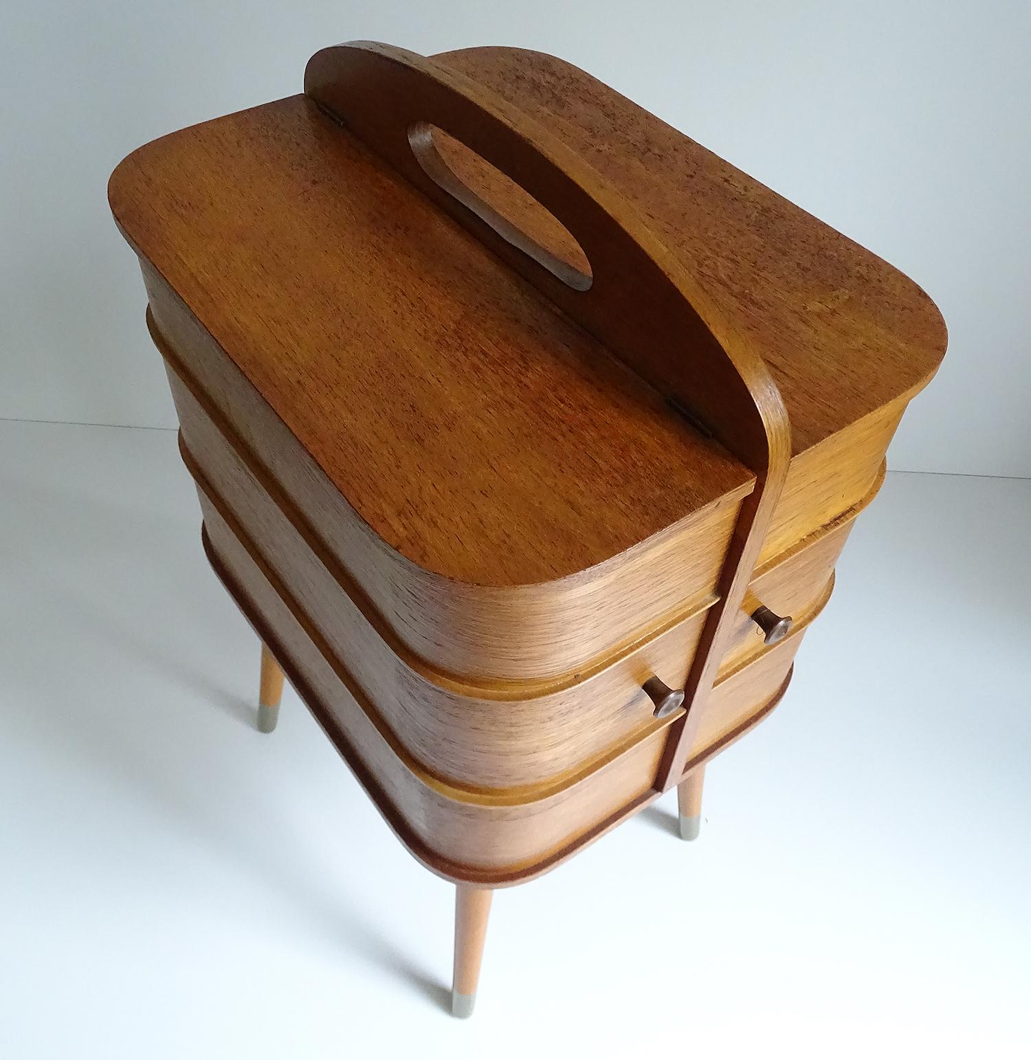 Mid-Century Modern Vintage Danish Modern Sewing Box Storage Drawers Case, Teak Plywood, 1960s
