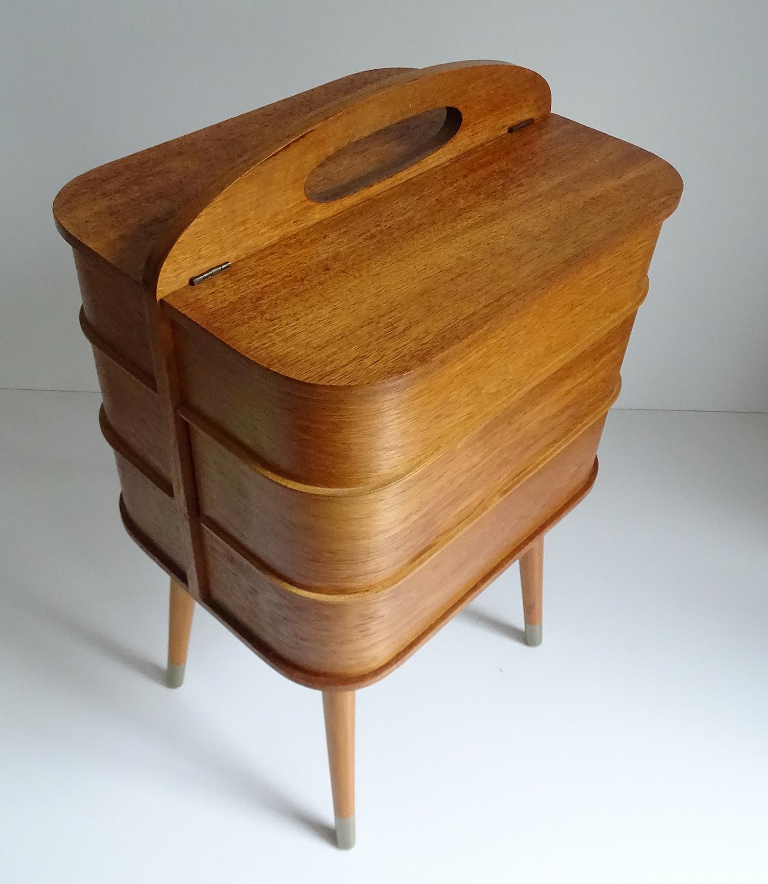 Vintage Danish Modern Sewing Box Storage Drawers Case, Teak Plywood, 1960s In Good Condition In Bremen, DE
