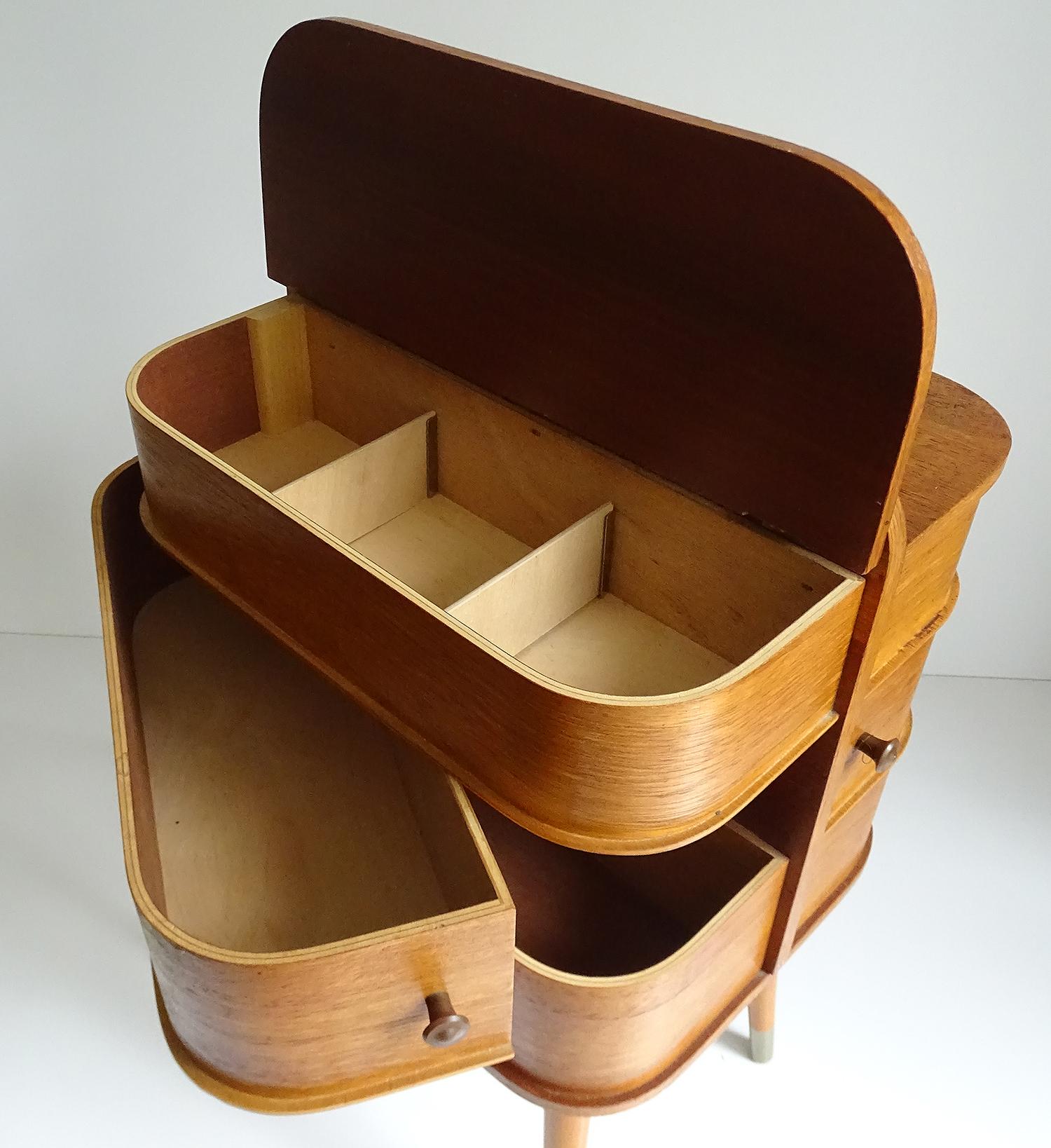 Mid-20th Century Vintage Danish Modern Sewing Box Storage Drawers Case, Teak Plywood, 1960s