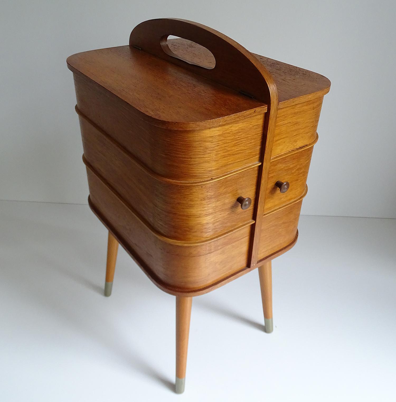 Vintage Danish Modern Sewing Box Storage Drawers Case, Teak Plywood, 1960s 1