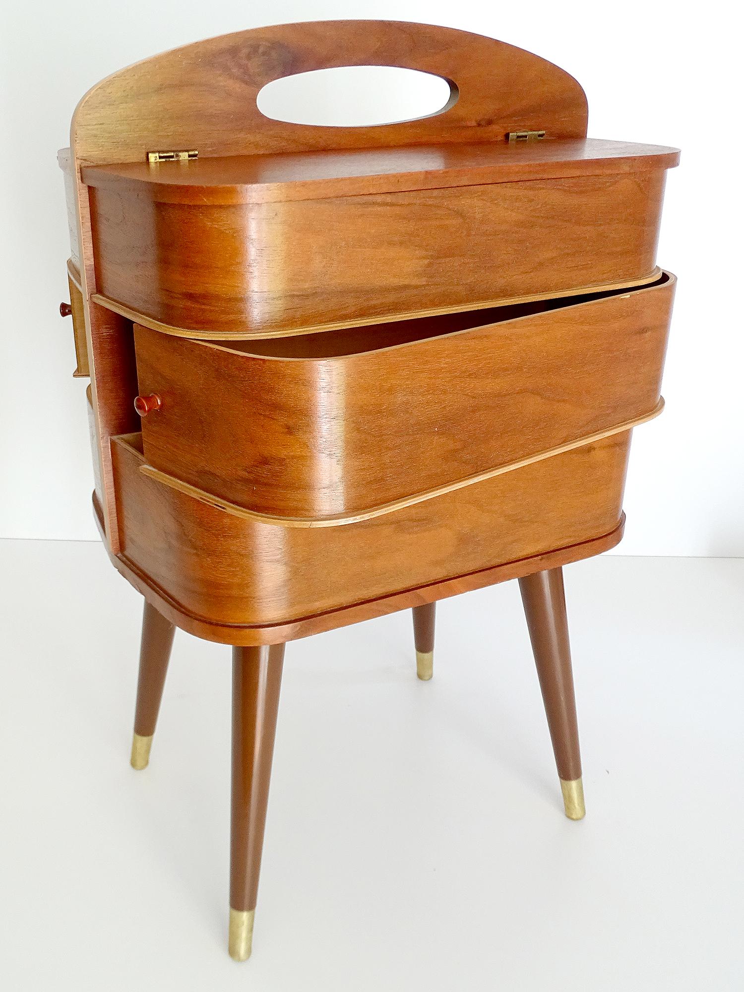 Vintage Danish Modern Sewing Box Storage Drawers Case, Teak Plywood, 1960s In Good Condition In Bremen, DE