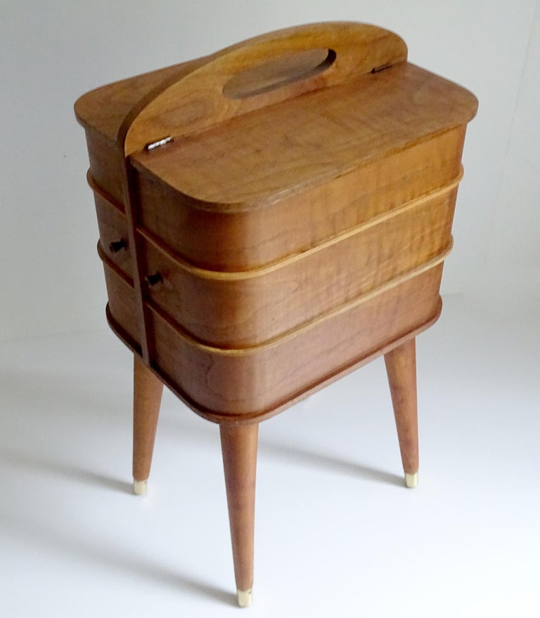 Vintage Danish Modern Sewing Box Storage Drawers Case, Teak Plywood
