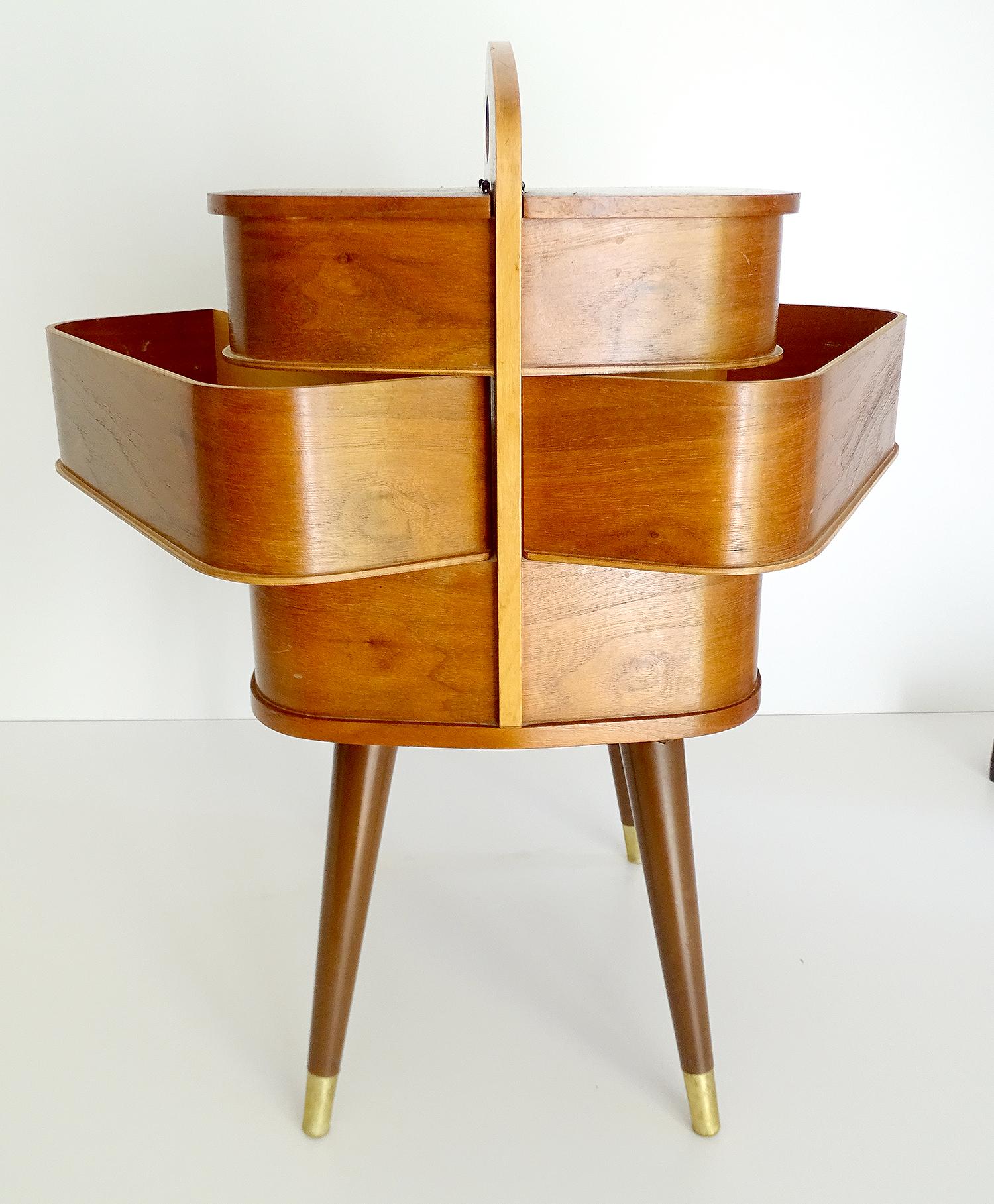 Mid-20th Century Vintage Danish Modern Sewing Box Storage Drawers Case, Teak Plywood, 1960s