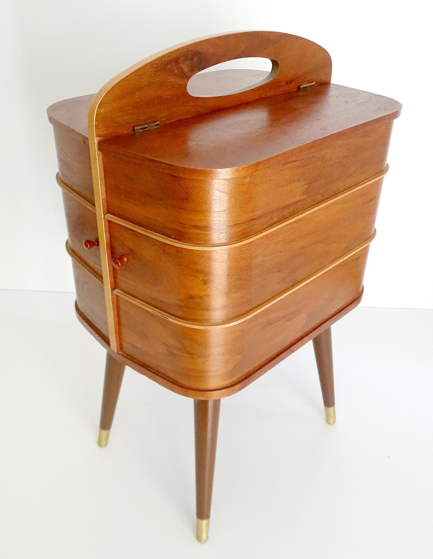 Vintage Danish Modern Sewing Box Storage Drawers Case, Teak Plywood, 1960s 1