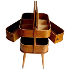 Retro Danish Modern Sewing Box Storage Drawers Case, Teak Plywood, 1960s