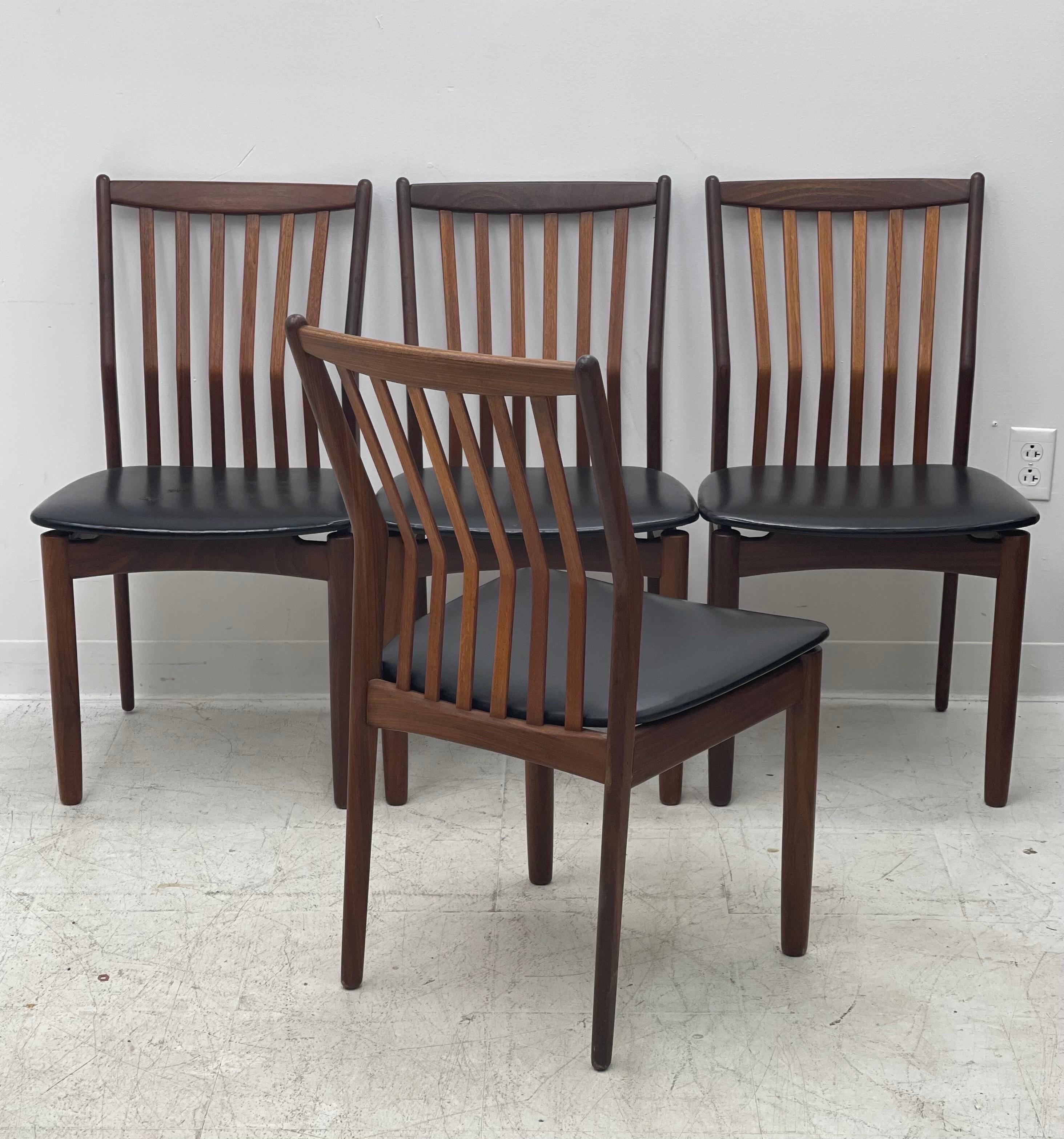 Vintage Danish Modern Solid Teak Leather Chair Set of 4 For Sale 1