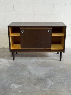 Vintage Danish Modern Stained Oak Sliding Door Cabinet
