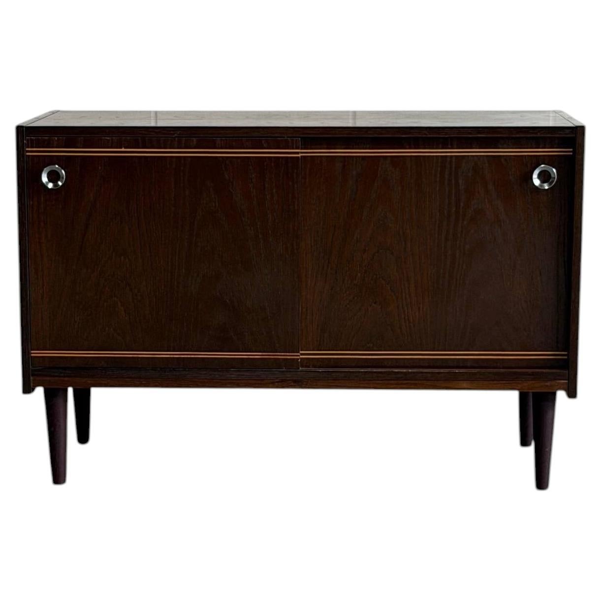 Vintage Danish Modern Stained Oak Sliding Door Cabinet