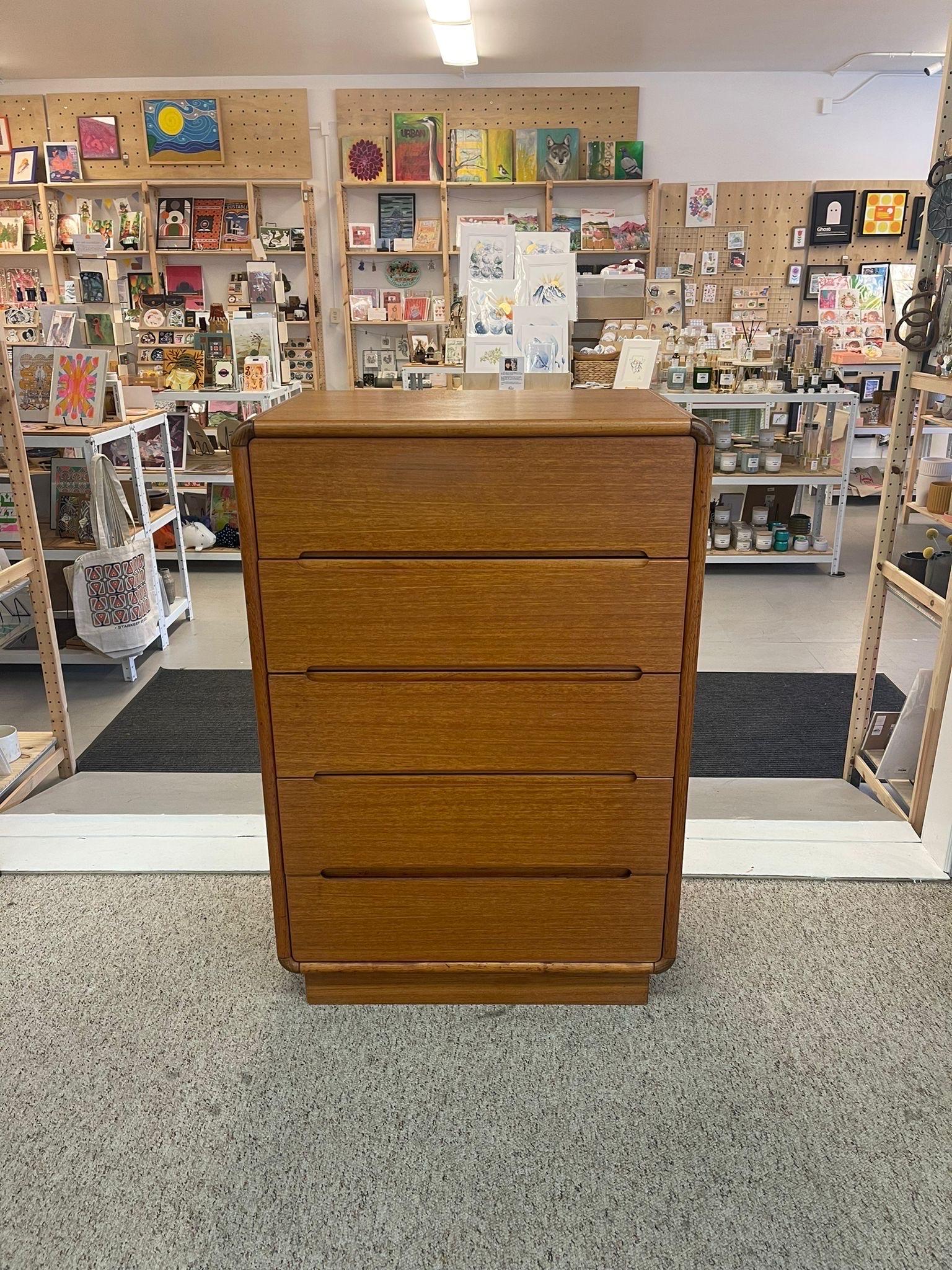 Late 20th Century Vintage Danish Modern Style Teak Five Drawer Tall Dresser. For Sale