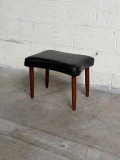 Vintage Danish Modern Teak & Black Leather Footstool Ottoman Mid Century Stool