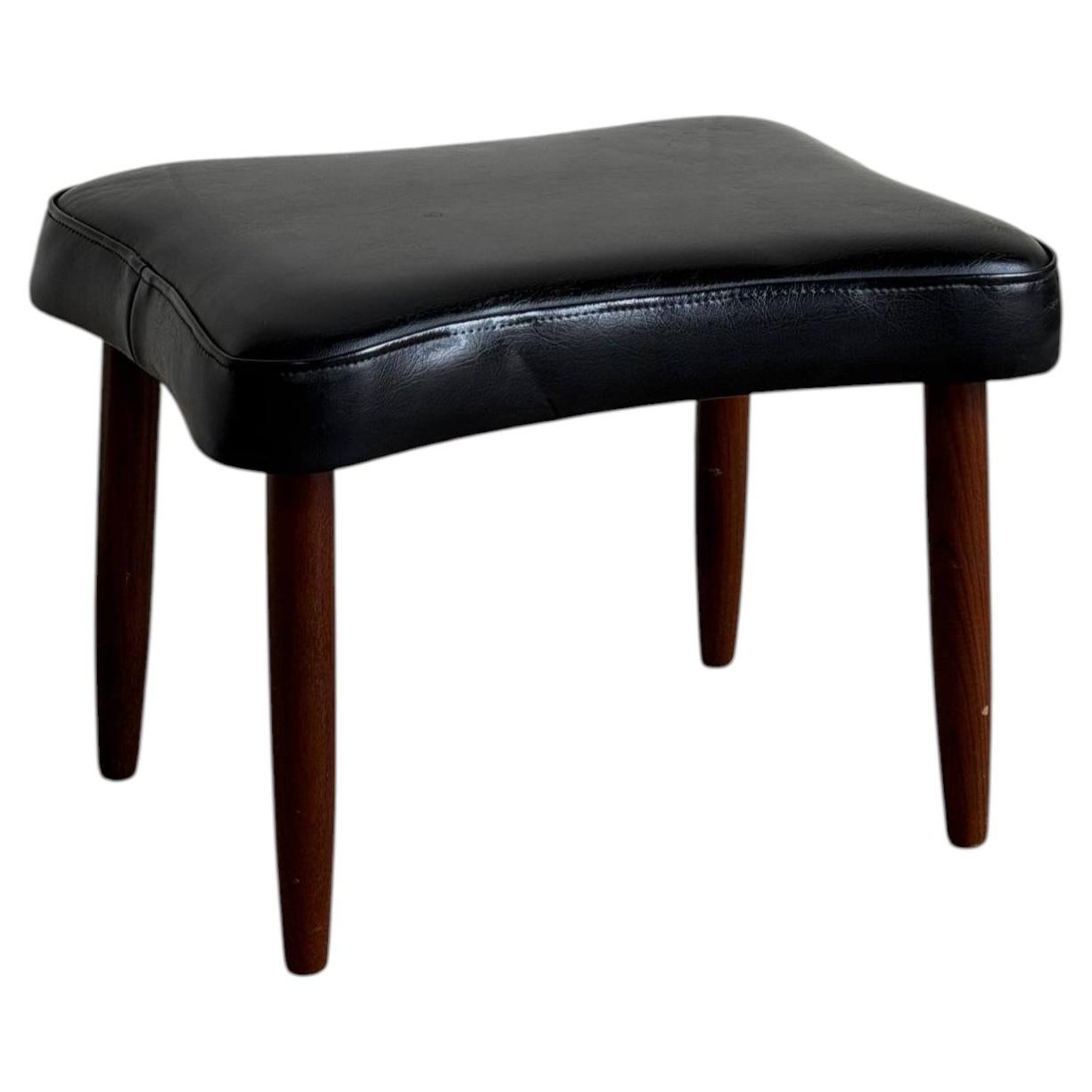 Vintage Danish Modern Teak & Black Leather Footstool Ottoman Mid Century Stool