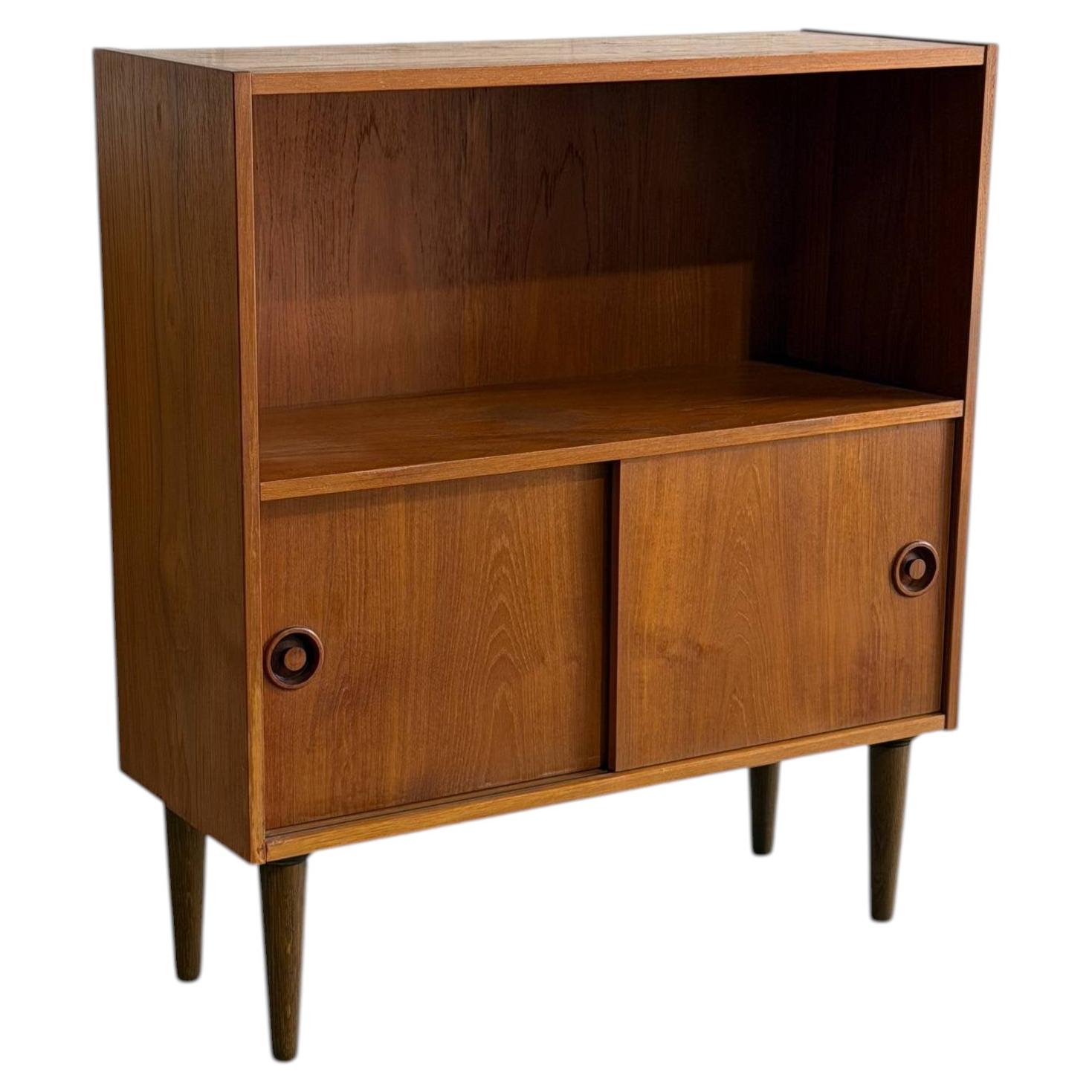 Vintage Danish Modern Teak Bookcase Cabinet Sliding Doors MCM