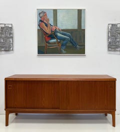 Vintage Danish Modern Teak Credenza Cabinet, Sliding Doors with Inset Pulls