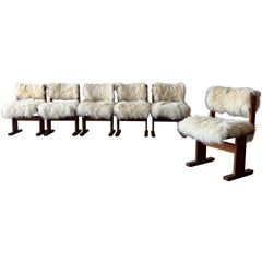 VIntage Danish Modern Teak Dining Chairs in Mongolian Sheepskin, Set of 6
